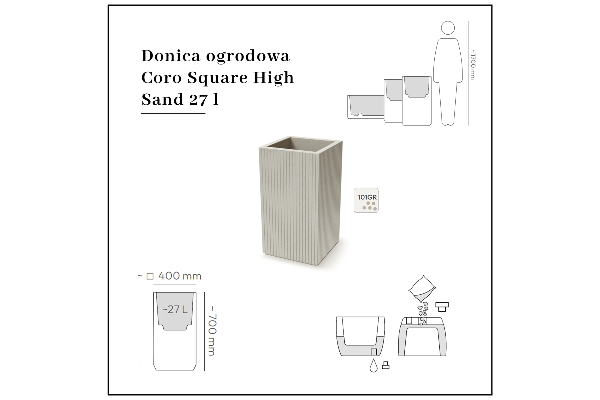 Donica ogrodowa Coro Square High Sand 27 l
