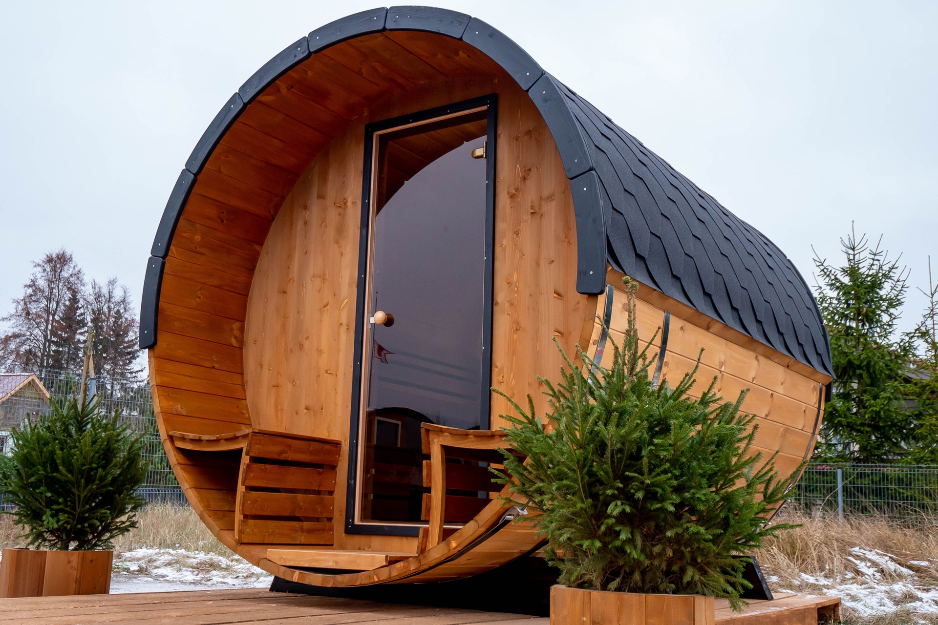 Sauna fińska zewnętrzna Lux Barrelsauna 235 x 280 cm