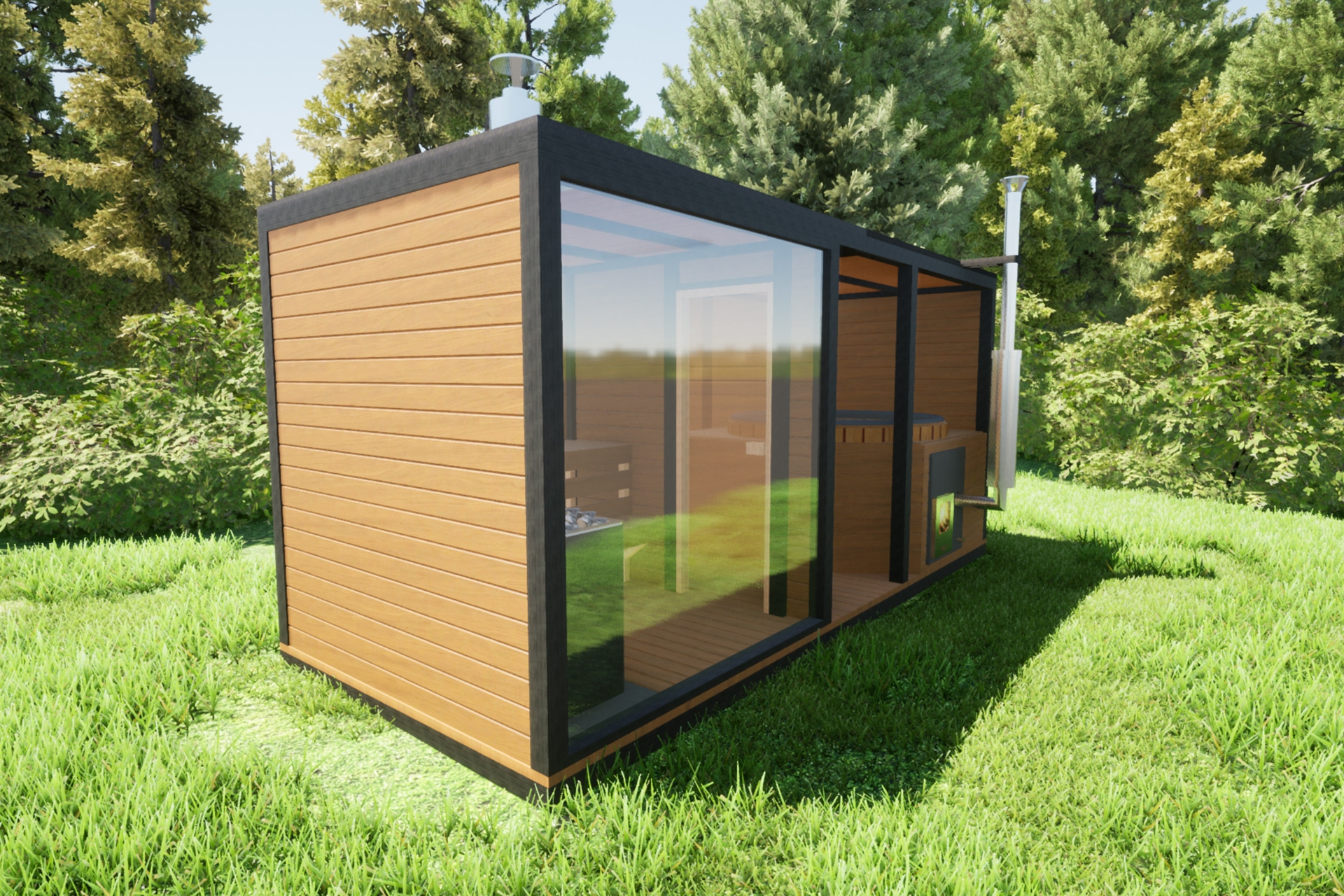 Sauna fińska zewnętrzna TerModula z balią 500 x 210 cm