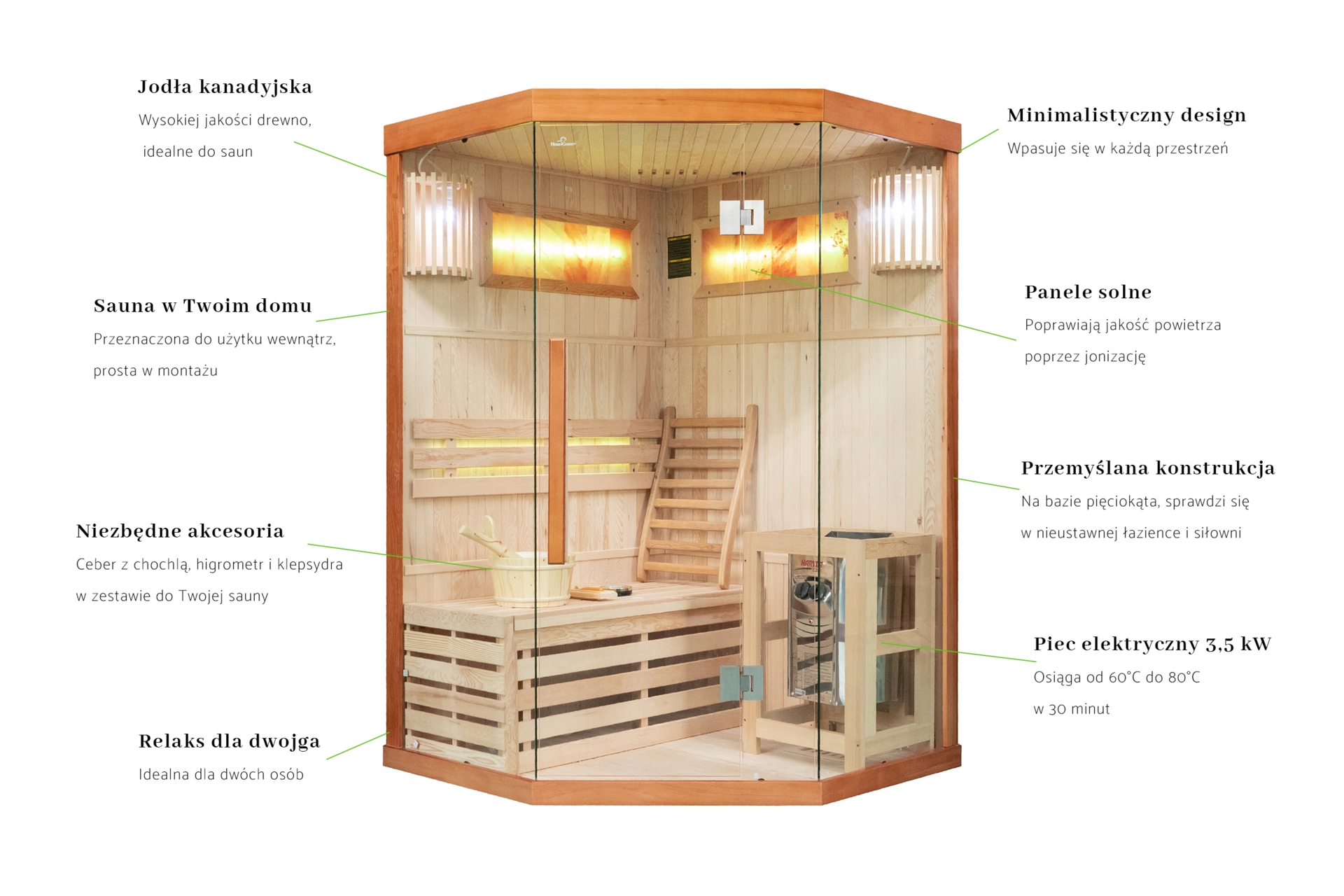 Sauna fińska narożna Nordum Solea 2-osobowa brązowa - drewniana - z panelami solnymi Sauna fińska narożna Nordum Solea 2-osobowa brązowa