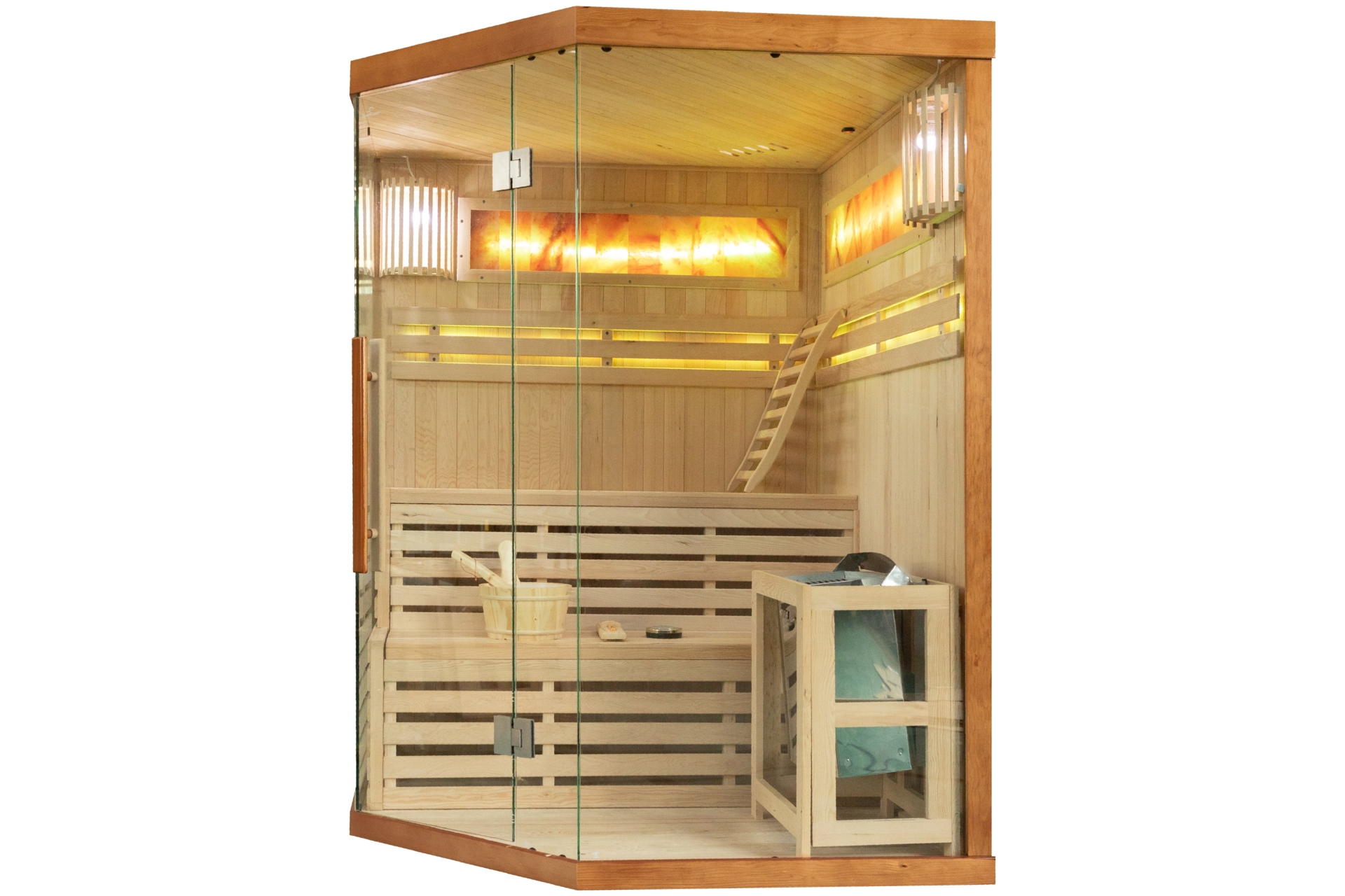 Sauna fińska narożna Nordum Solea 3-osobowa brązowa - drewniana - z panelami solnymi Sauna fińska narożna Nordum Solea 3-osobowa brązowa