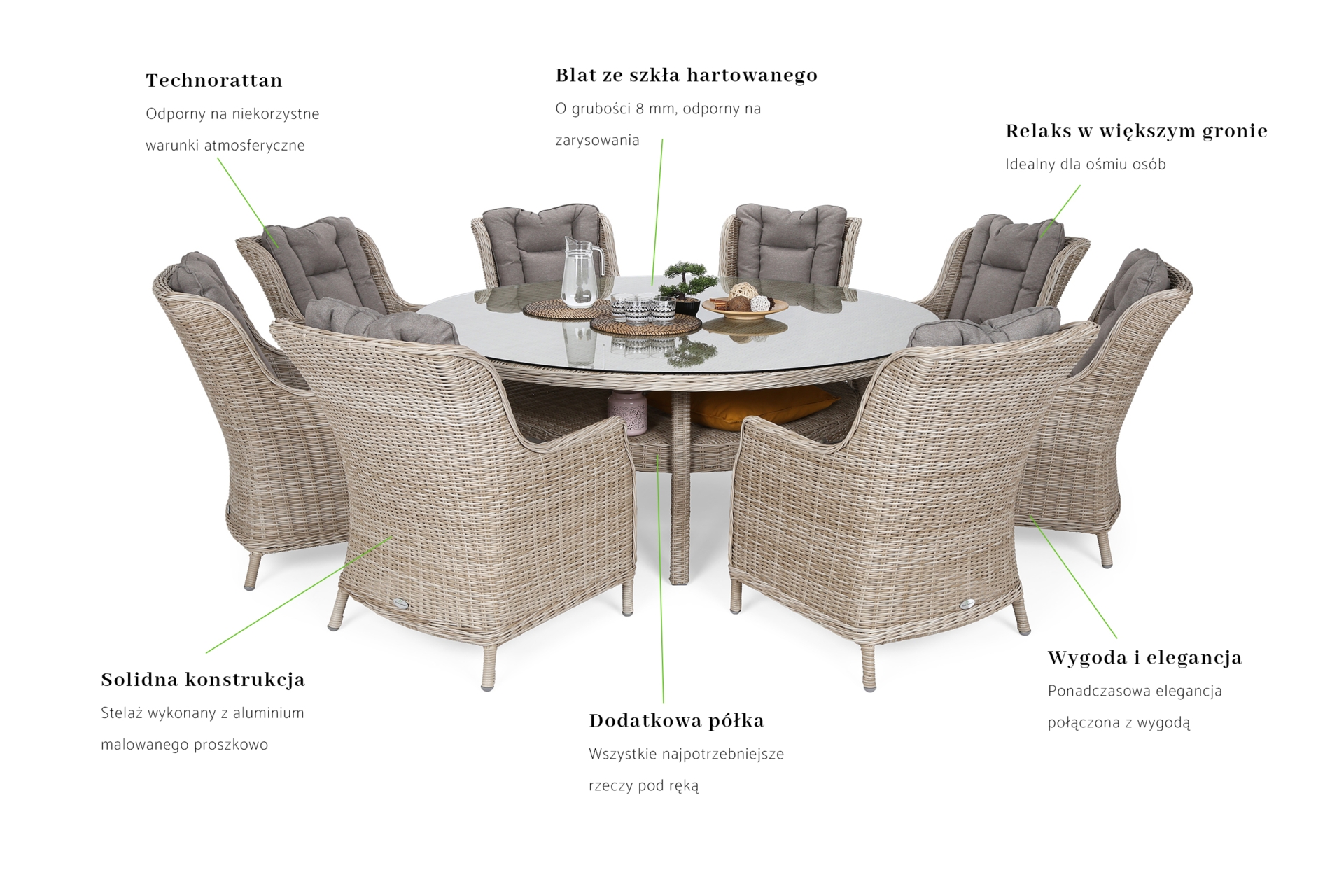 Meble ogrodowe technorattanowe Bristol Round Elegant 180 cm Beige / Beige Melange 8+1 - beżowe - dla 8 osób Meble ogrodowe technorattanowe Bristol Round Elegant 180 cm Beige / Beige Melange 8+1
