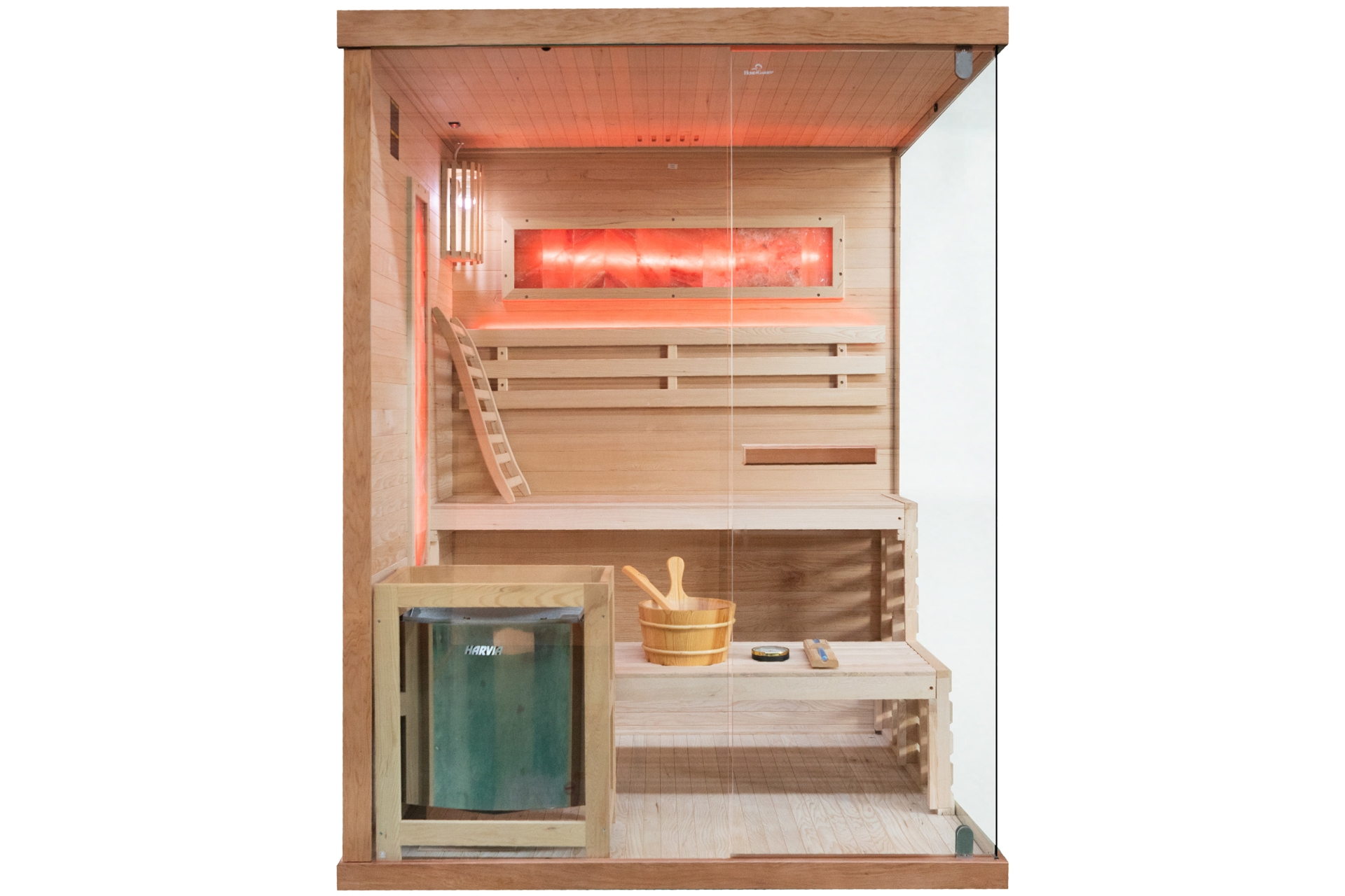 Sauna fińska narożna Nordum Pure 3-osobowa brązowa - drewniana - z piecem Sauna fińska narożna Nordum Pure 3-osobowa brązowa