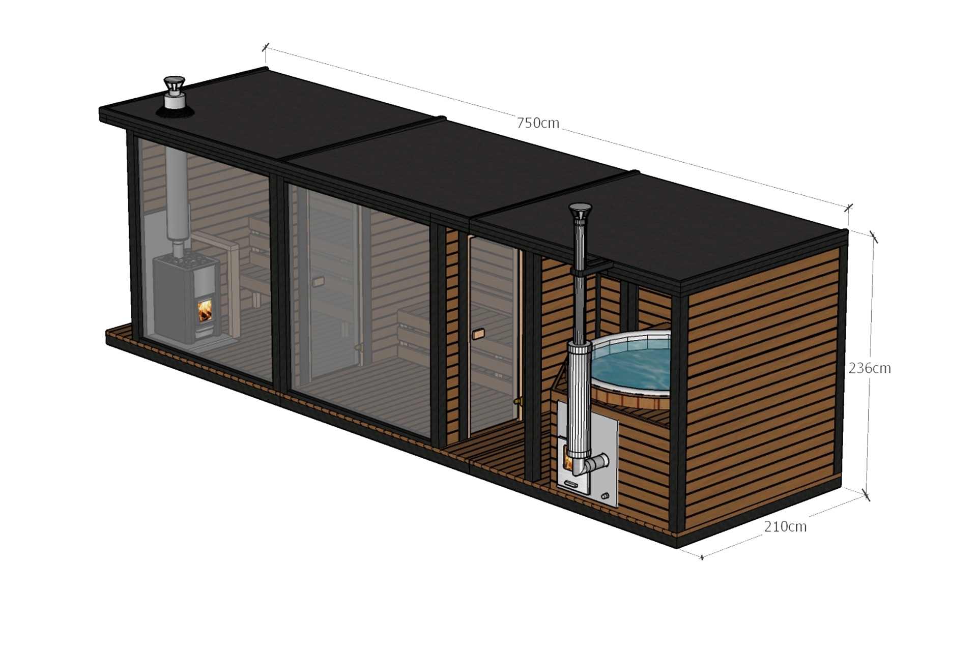 Sauna fińska zewnętrzna TerModula z balią i szatnią 750 x 210 cm