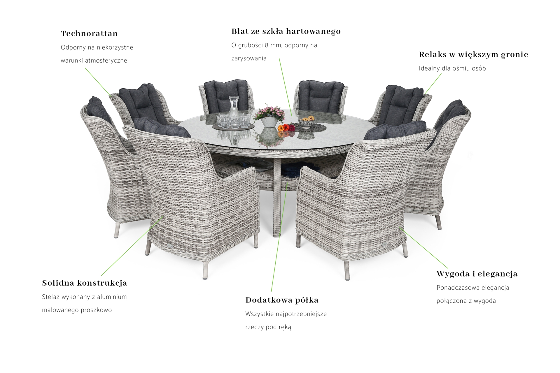 Okrągły zestaw Bristol jasnoszary 180 cm dla 8 osób Meble ogrodowe technorattanowe Bristol Round Elegant 180 cm Light Grey / Grey Melange  8+1