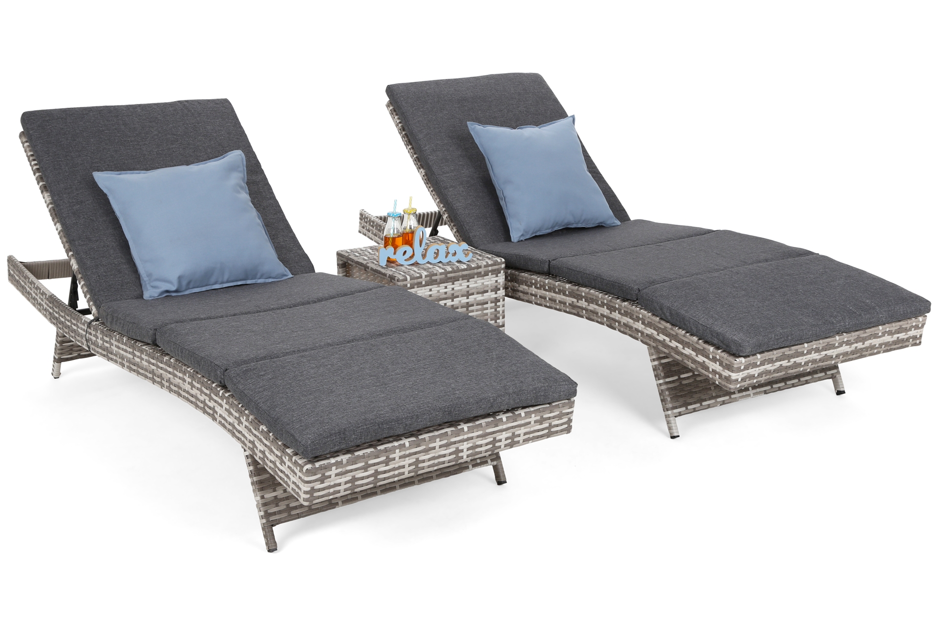 Zestaw leżanek ogrodowych Bora Bora Light Grey / Grey Melange ze stolikiem - jasnoszary - dwuosobowy Zestaw leżaków ogrodowych z technorattanu Bora Bora Light Grey / Grey Melange ze stolikiem