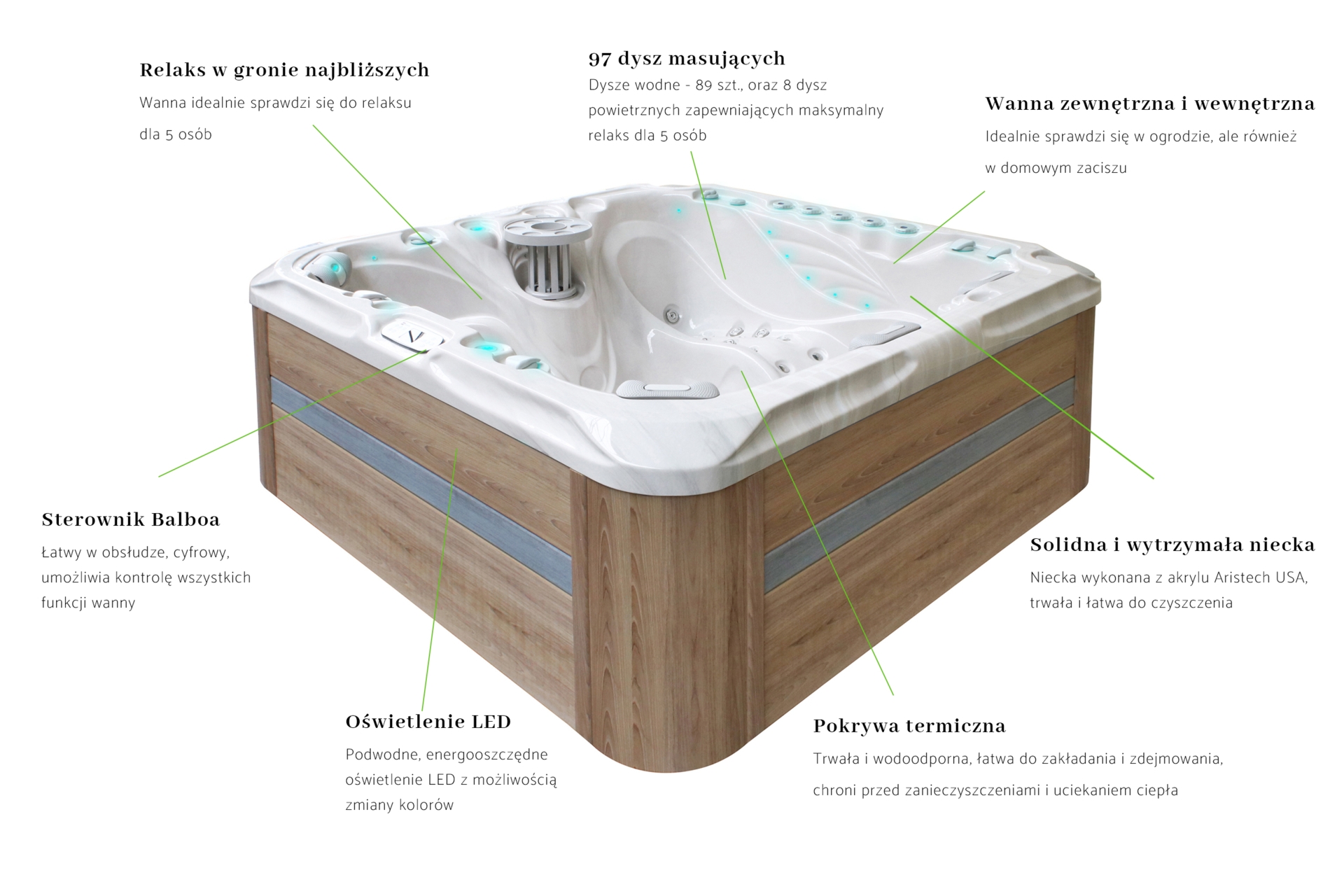 Wanna ogrodowa z hydromasażem Aquess Felicity 7202 5-osobowa Sterling White / OAK
