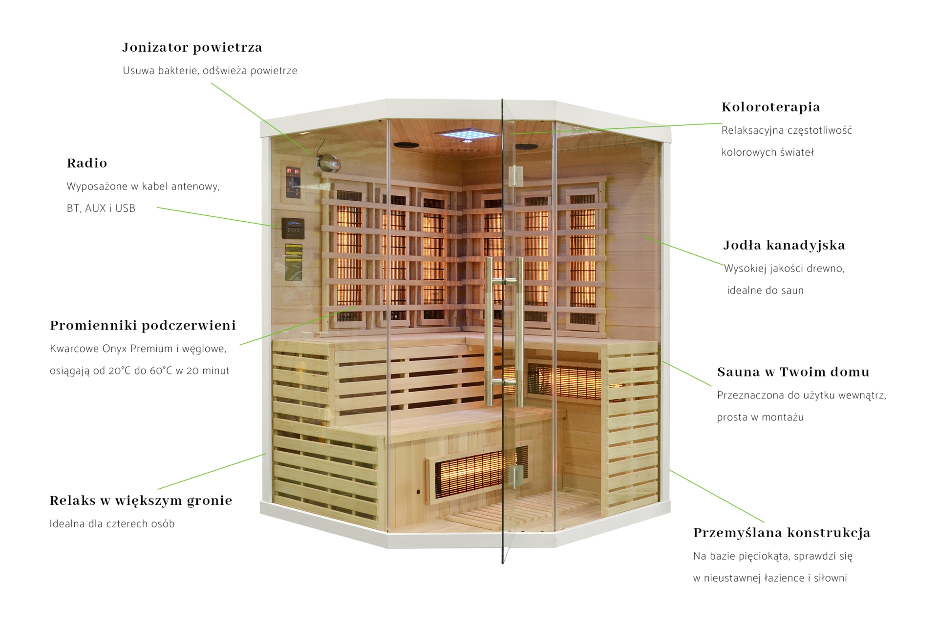 Sauna infrared narożna EA3CR - 4 osobowa - biała Sauna infrared narożna EA3CR White z koloroterapią