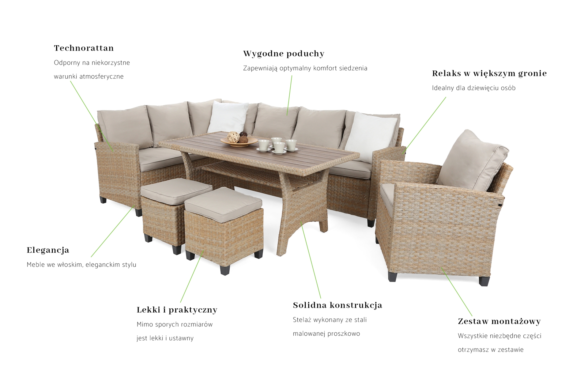 Narożne meble ogrodowe technorattanowe Lagos Beige / Ecru - dla 9 osób - beżowy Narożne meble ogrodowe technorattanowe Lagos Beige / Ecru