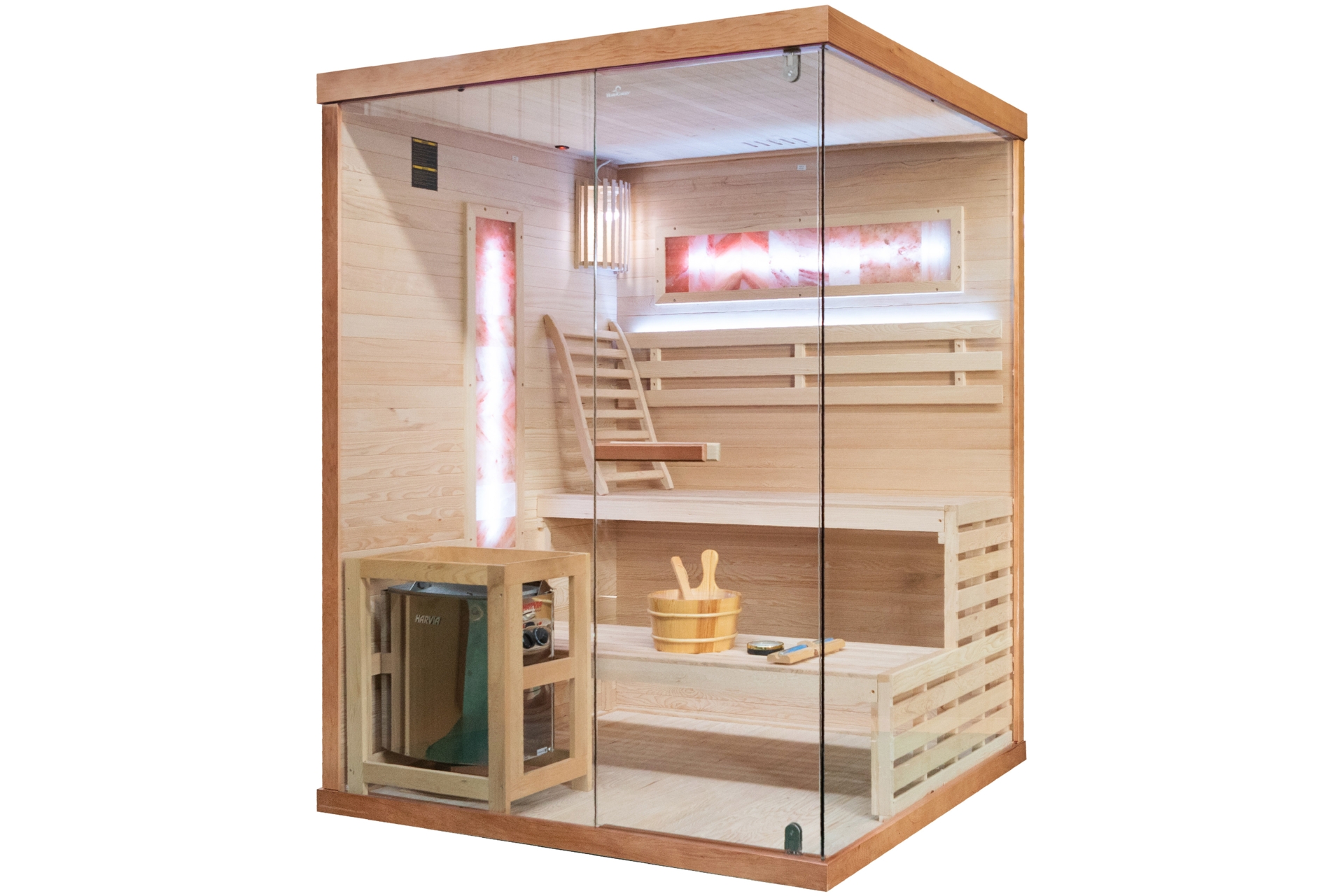 Sauna fińska narożna Nordum Pure 3-osobowa brązowa - drewniana - z piecem Sauna fińska narożna Nordum Pure 3-osobowa brązowa