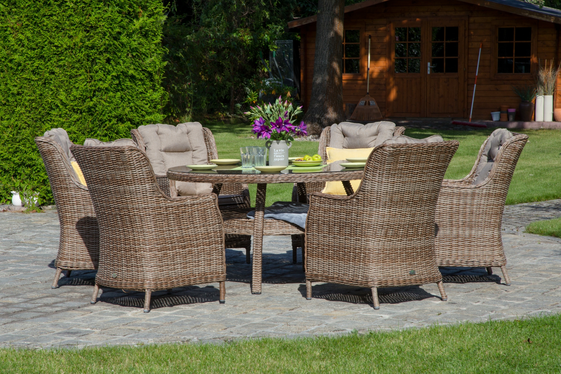 Meble ogrodowe technorattanowe Bristol Round Elegant 150 cm Ginger / Brown Melange - rude - dla 6 osób Meble ogrodowe technorattanowe Bristol Round Elegant 150 cm Ginger / Brown Melange 6+1