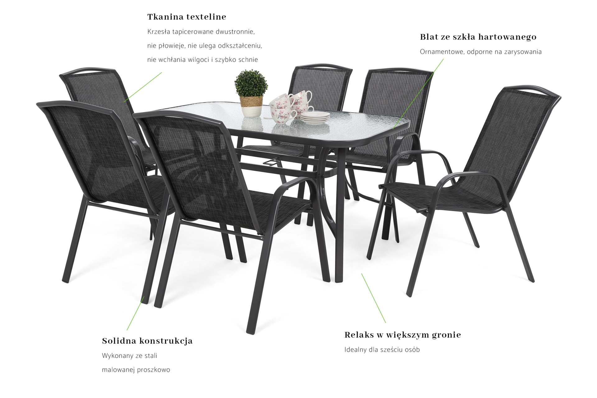 Meble ogrodowe metalowe Sevilla 145 cm Atlanta Grey / Black Melange 6+1