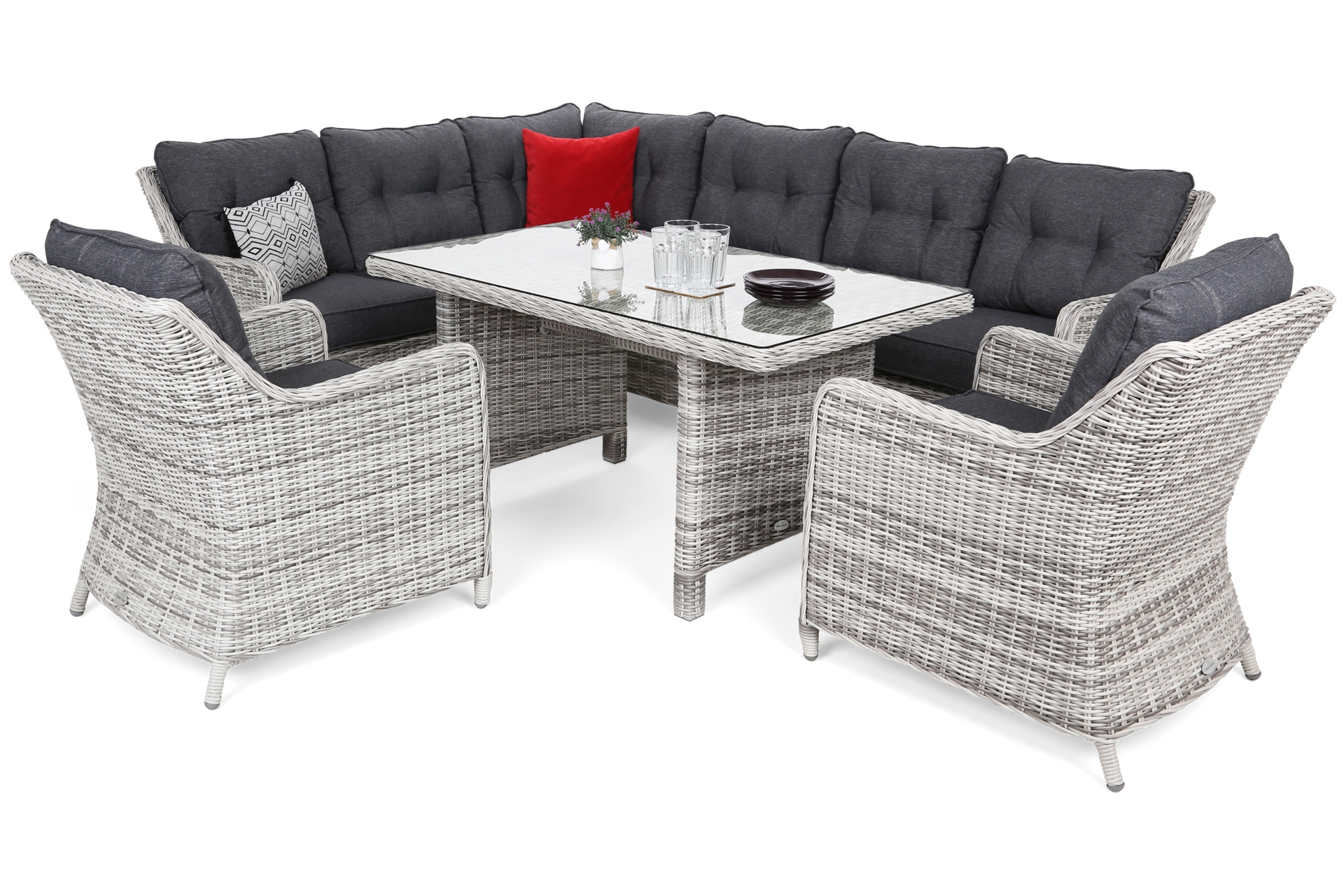 Narożne meble ogrodowe technorattanowe lewe California - jasnoszare - dla 8 osób Narożny zestaw mebli ogrodowych lewy California Light Grey / Grey Melange
