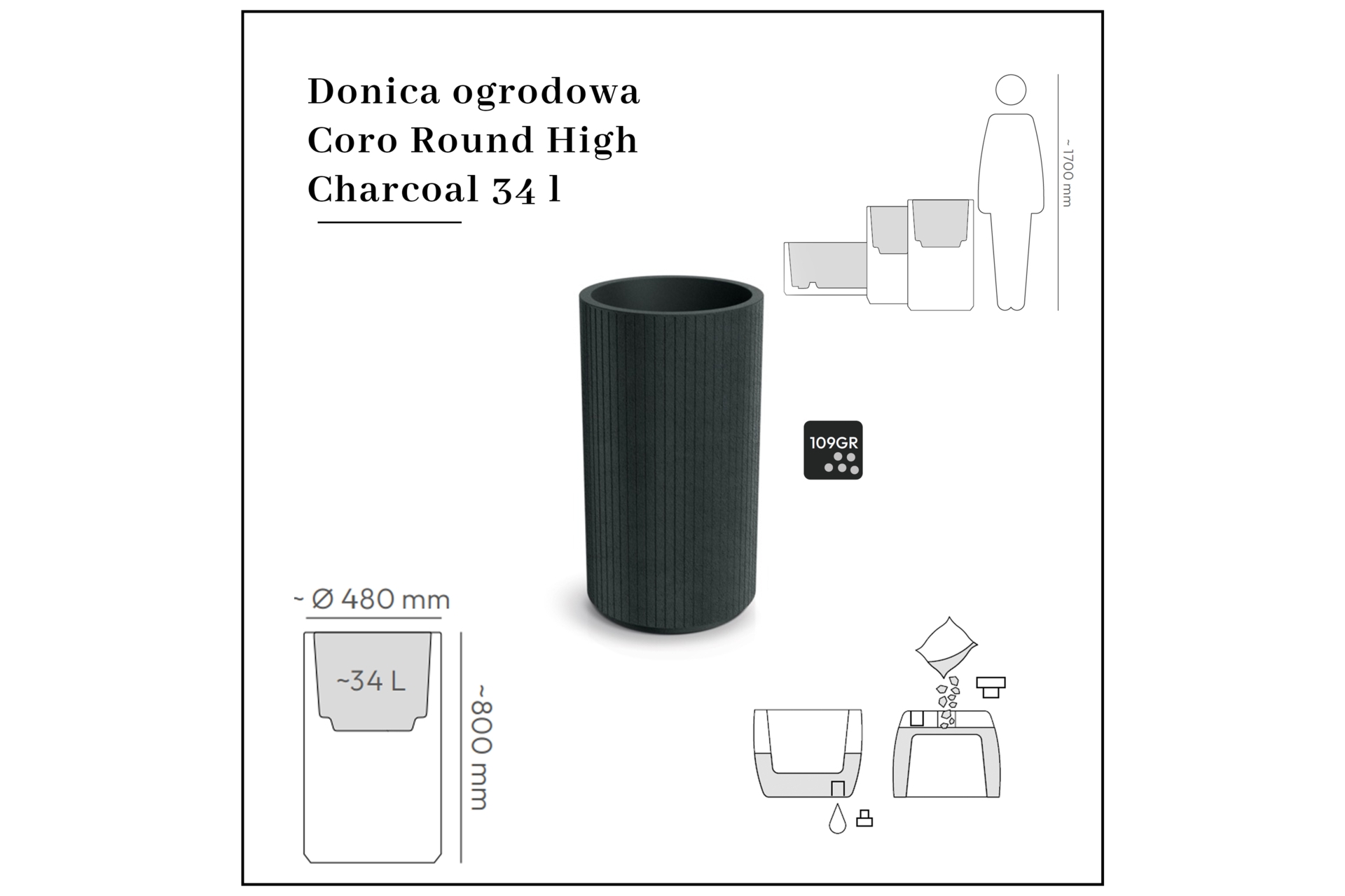 Donica ogrodowa Coro Round High Charcoal 34 l