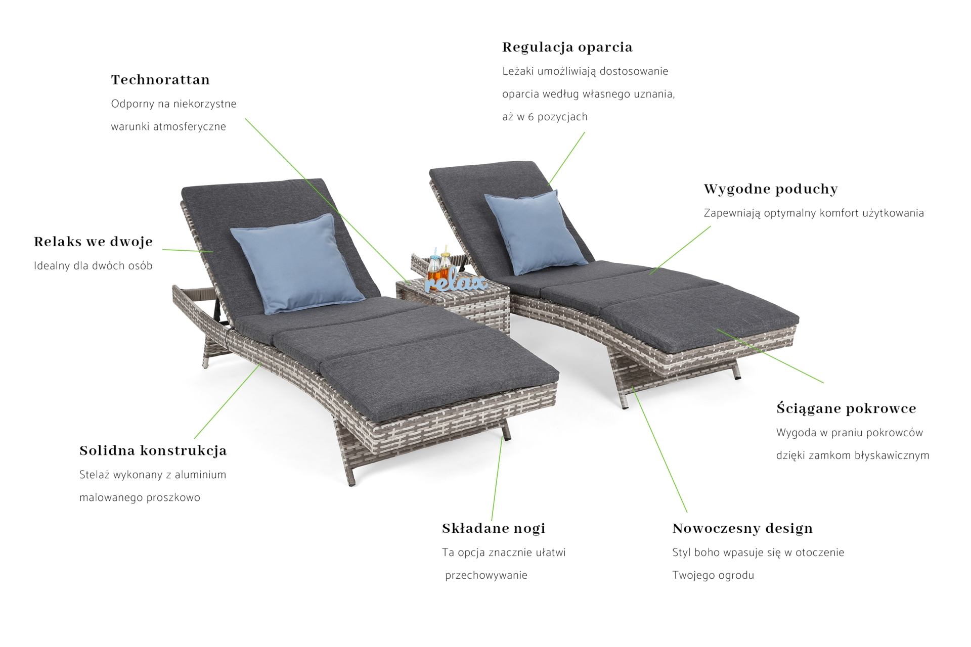 Zestaw leżanek ogrodowych Bora Bora Light Grey / Grey Melange ze stolikiem - jasnoszary - dwuosobowy Zestaw leżaków ogrodowych z technorattanu Bora Bora Light Grey / Grey Melange ze stolikiem