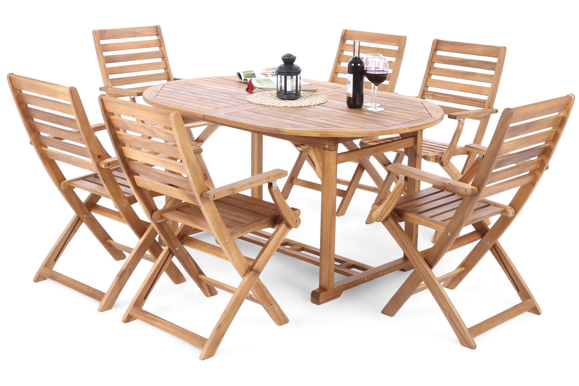 Meble ogrodowe drewniane Akacja Oval Cross 150+50 cm 6+1