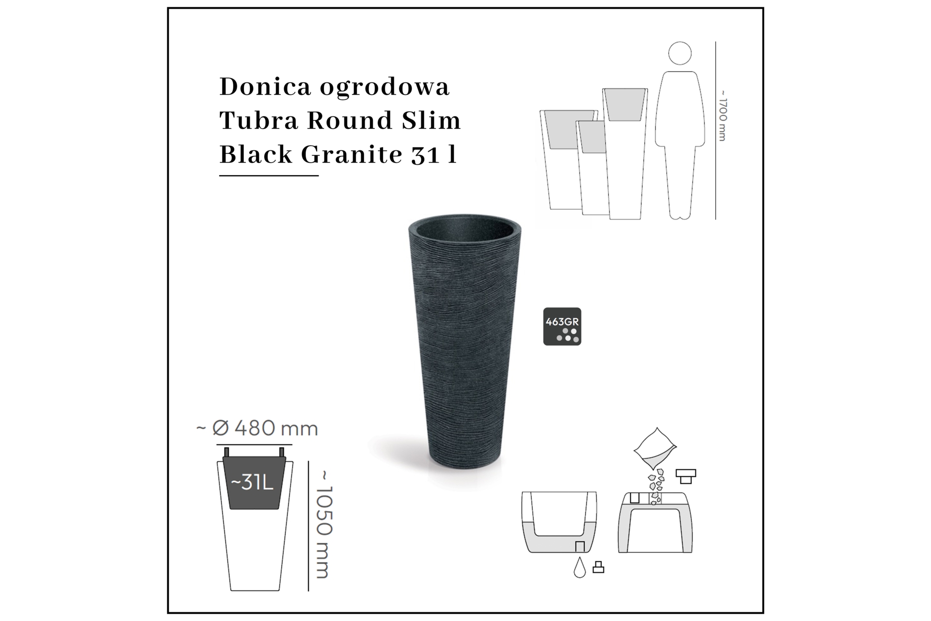 Donica ogrodowa Tubra Round Slim Black Granite 31 l