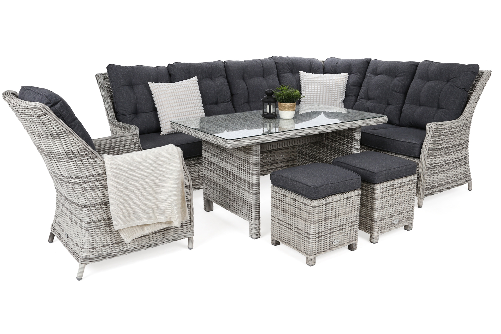 Narożny zestaw mebli ogrodowych prawy Alicante Light Grey / Grey Melange z pufami