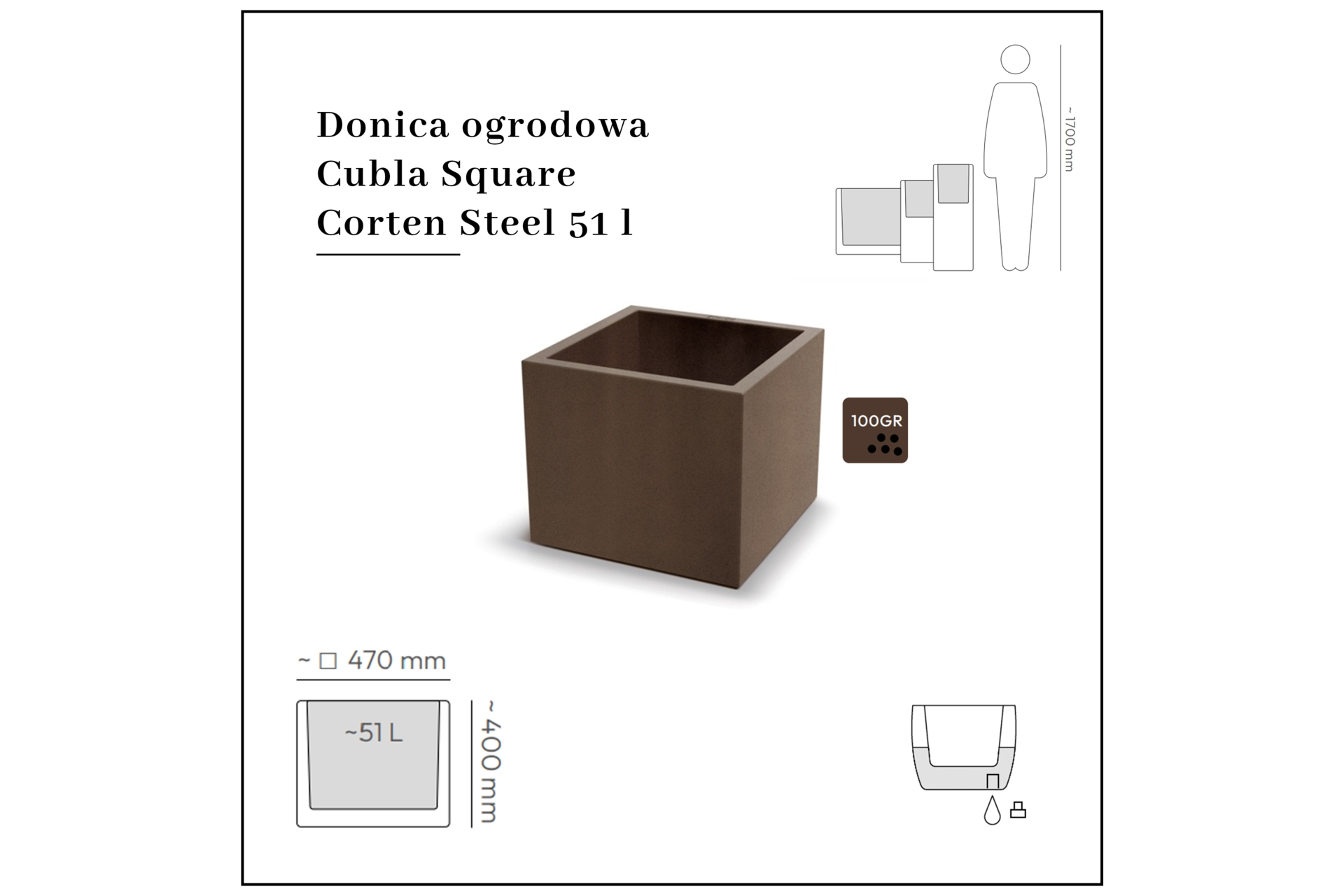 Donica ogrodowa Cubla Square Corten Steel 51 l