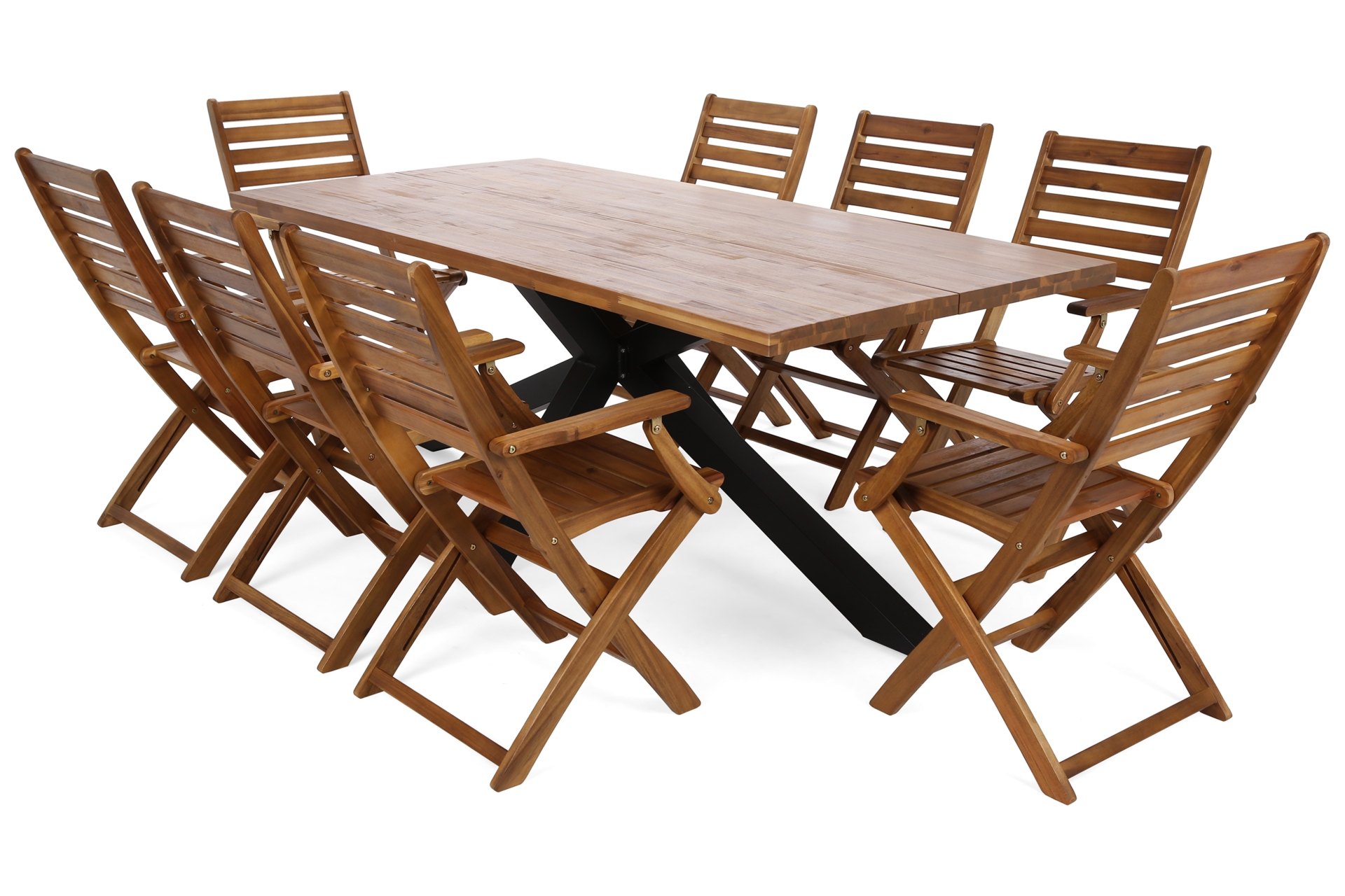 Meble ogrodowe drewniane Oregon 200 cm Black / Teak + Akacja Cross 8+1 - dla 8 osób - składane krzesła Meble ogrodowe drewniane Oregon 200 cm Black / Teak + Akacja Cross 8+1