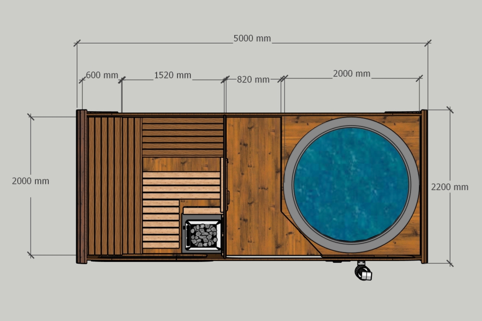 Sauna fińska zewnętrzna Hobbit Odnova z balią 220 x 500 cm