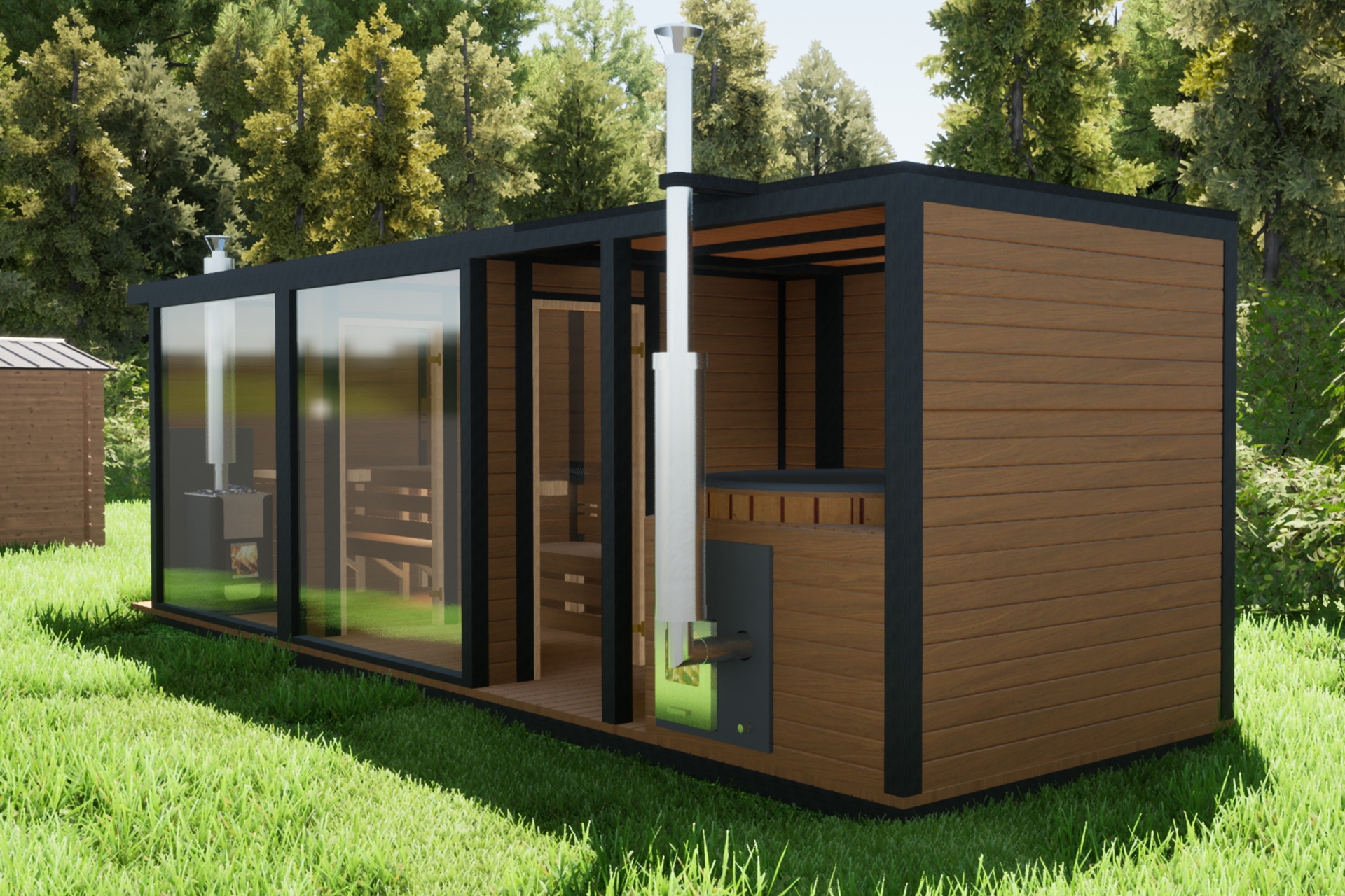 Sauna fińska zewnętrzna TerModula z balią i szatnią 750 x 210 cm