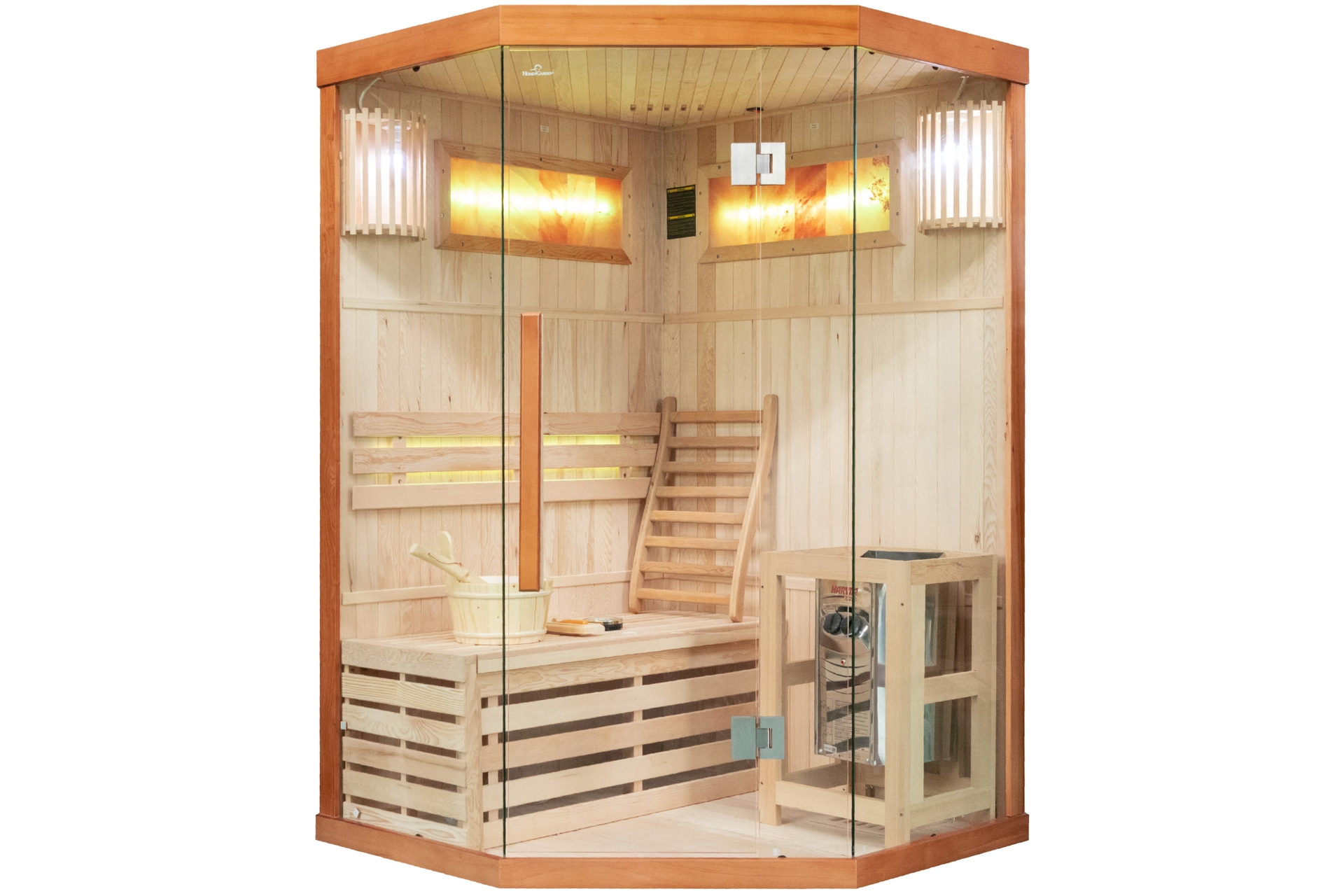 Sauna fińska narożna Nordum Solea 2-osobowa brązowa - drewniana - z panelami solnymi Sauna fińska narożna Nordum Solea 2-osobowa brązowa