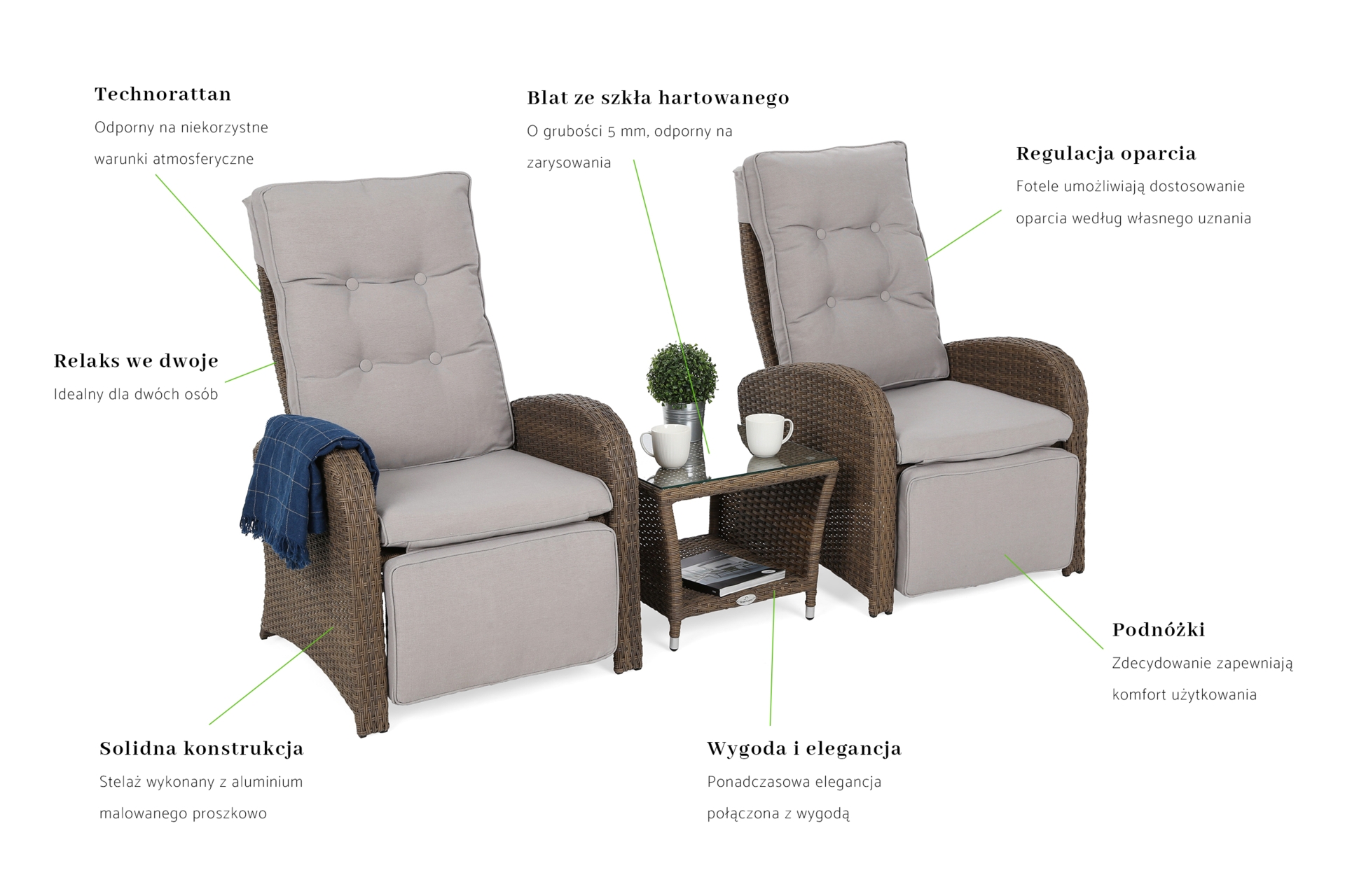 Meble ogrodowe technorattanowe Saloniki Brown / Beige - dla 2 osób - z regulacją oparcia i podnóżka Meble ogrodowe technorattanowe Saloniki Brown / Beige