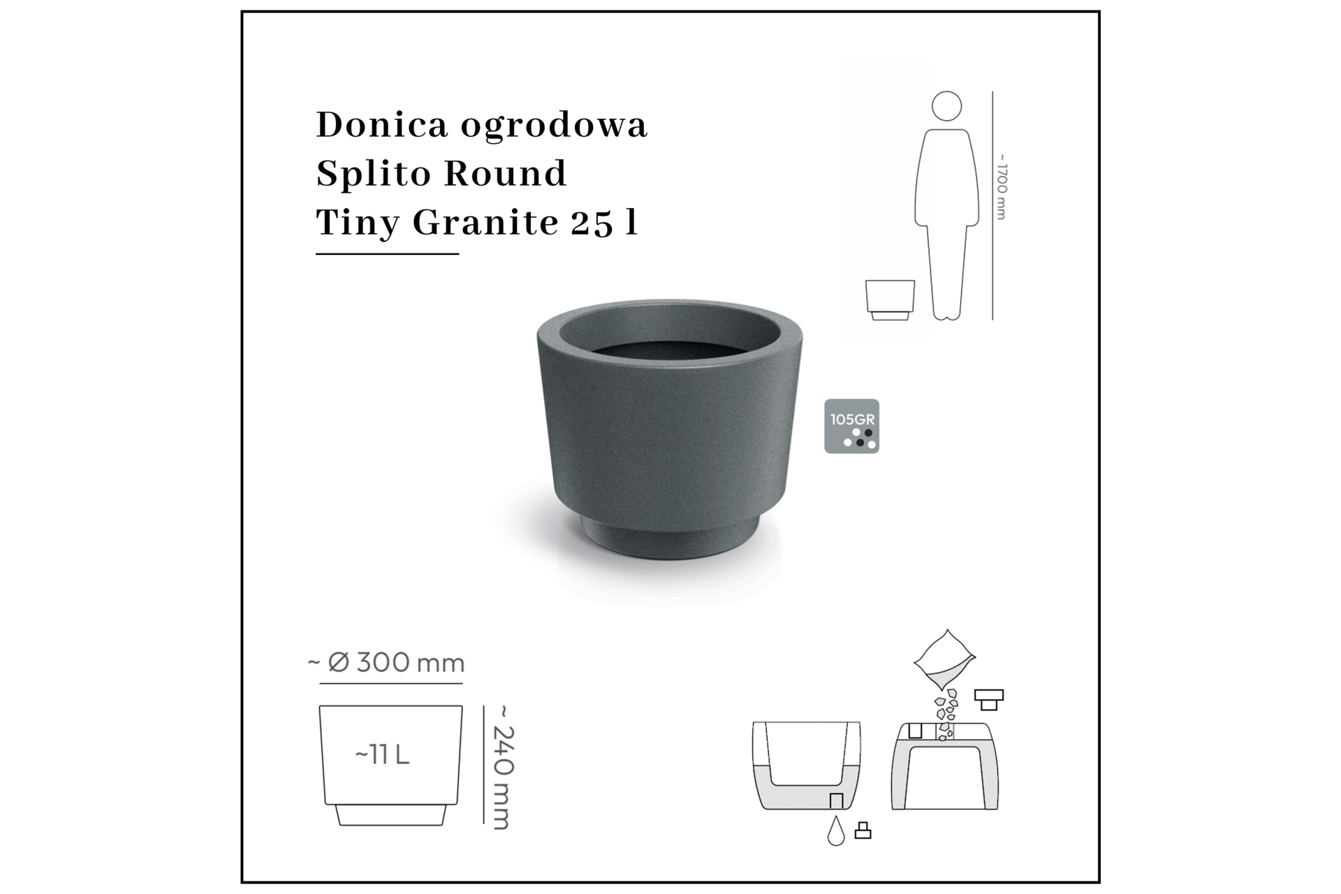 Donica ogrodowa Splito Round Tiny Granite 25 l