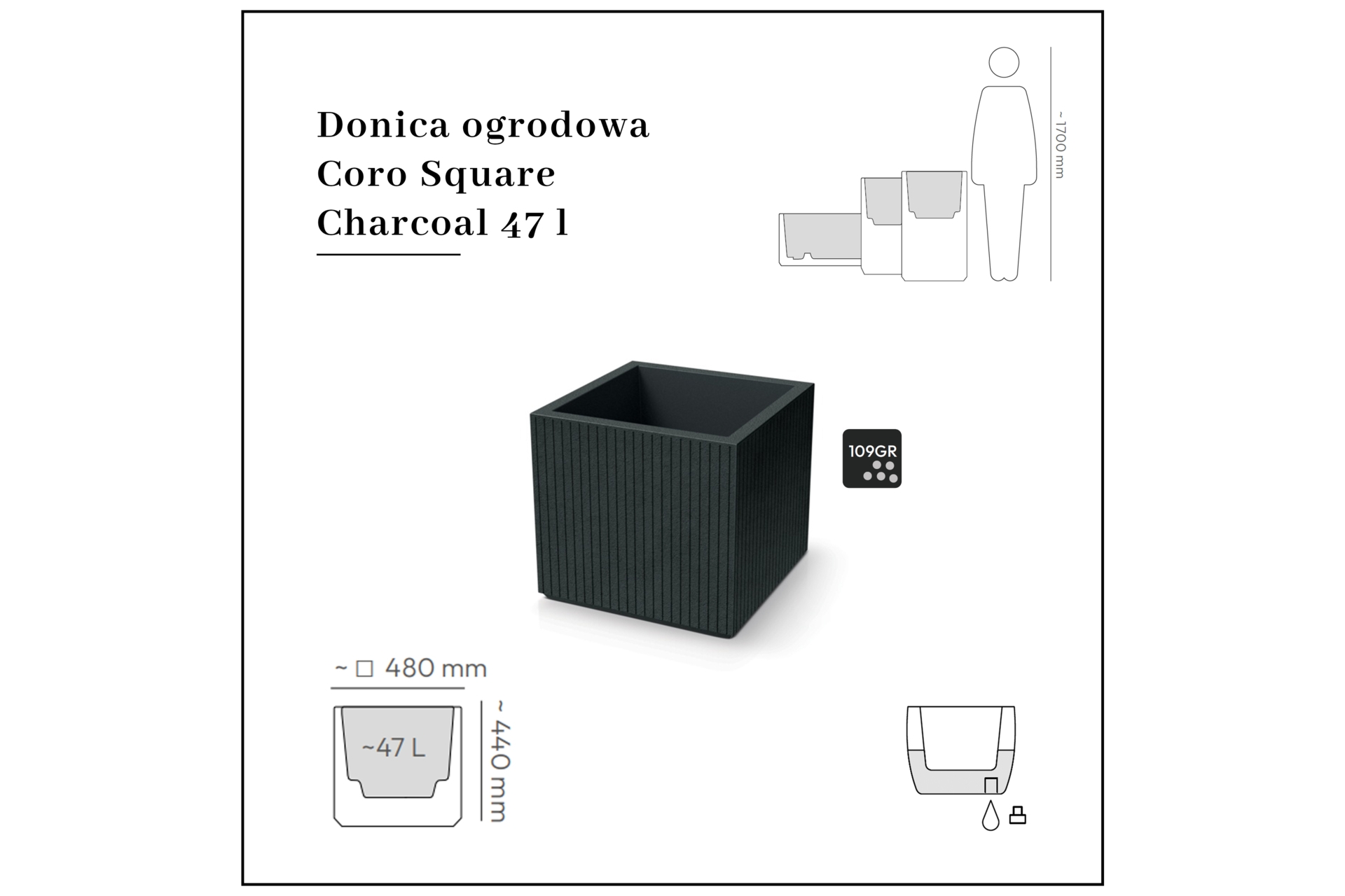 Donica ogrodowa Prosperplast Coro Square Charcoal 47 l
