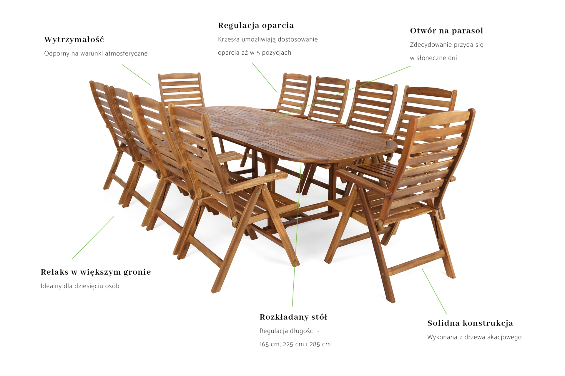 Meble ogrodowe drewniane Akacja Oval 165+60+60 cm 10+1