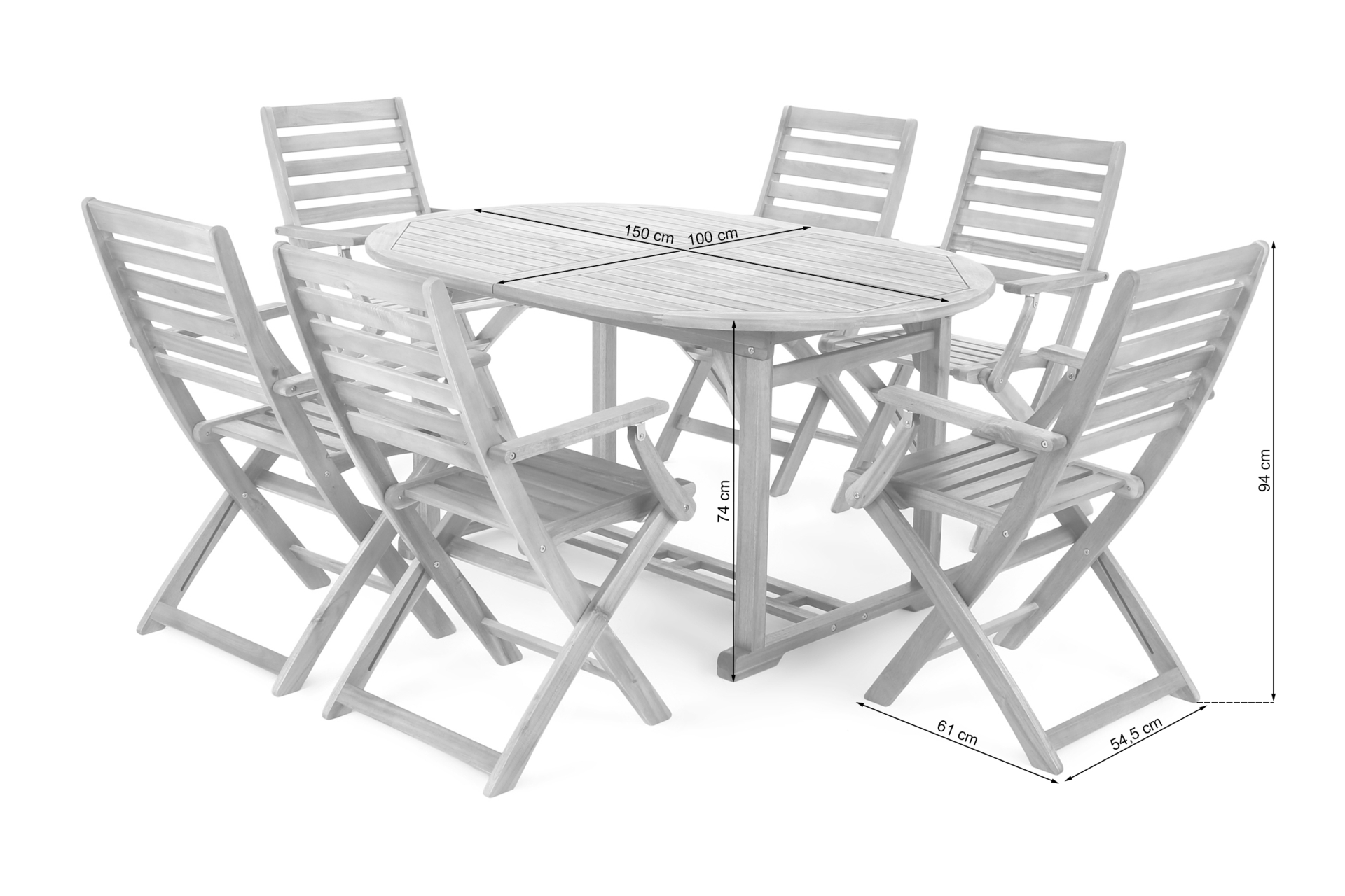 Meble ogrodowe drewniane Akacja Oval Cross 150+50 cm 6+1