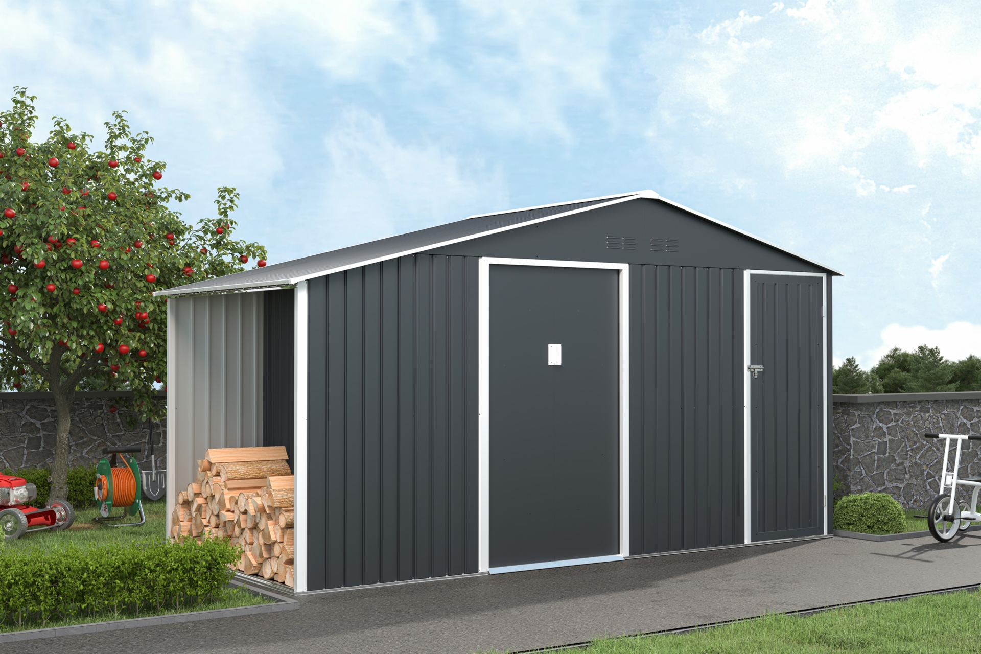 Domek narzędziowy Bergen 407 x 194 cm Grey z drewutnią