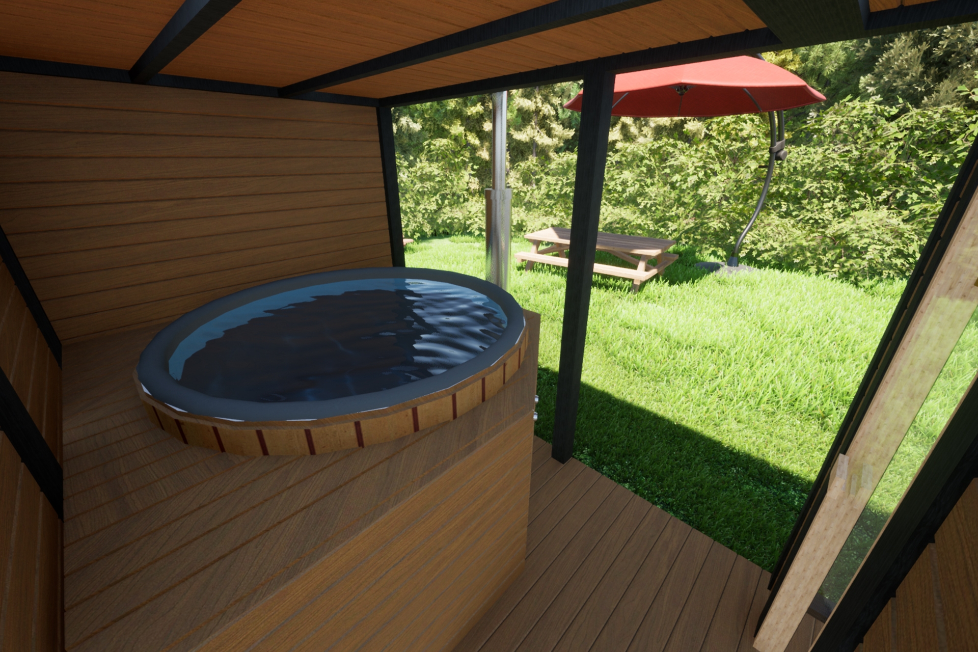 Sauna fińska zewnętrzna TerModula z balią i szatnią 750 x 210 cm