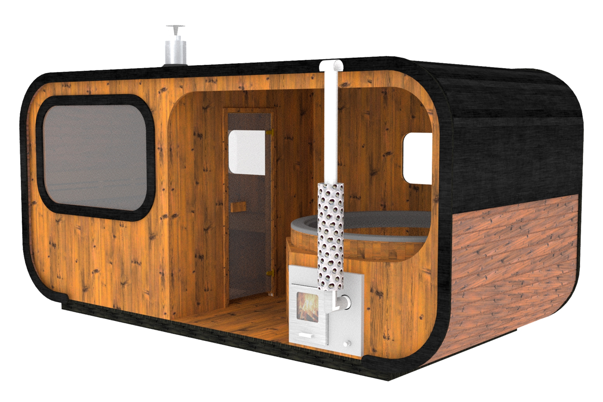 Sauna fińska zewnętrzna Hobbit Odnova z balią 220 x 500 cm