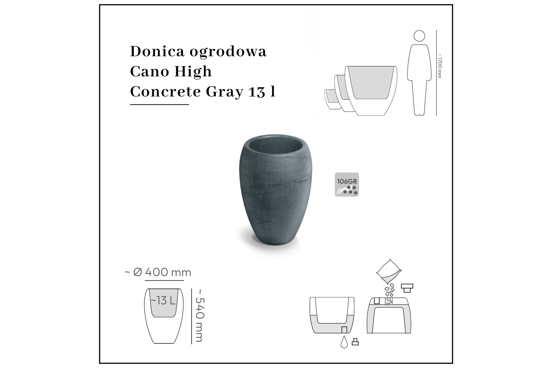 Donica ogrodowa Cano High Concrete Gray 13 l