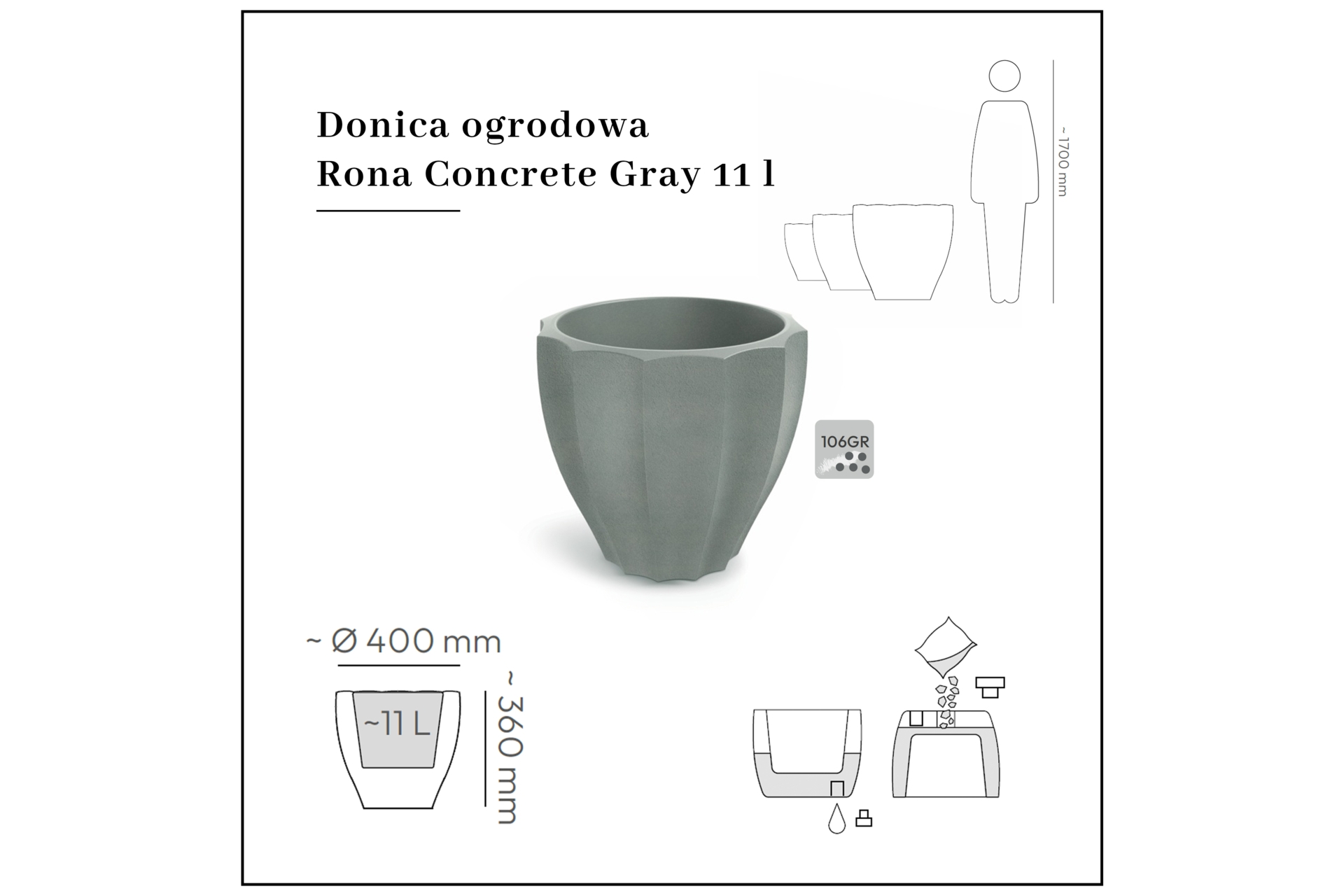 Donica ogrodowa Rona Concrete Gray 11 l