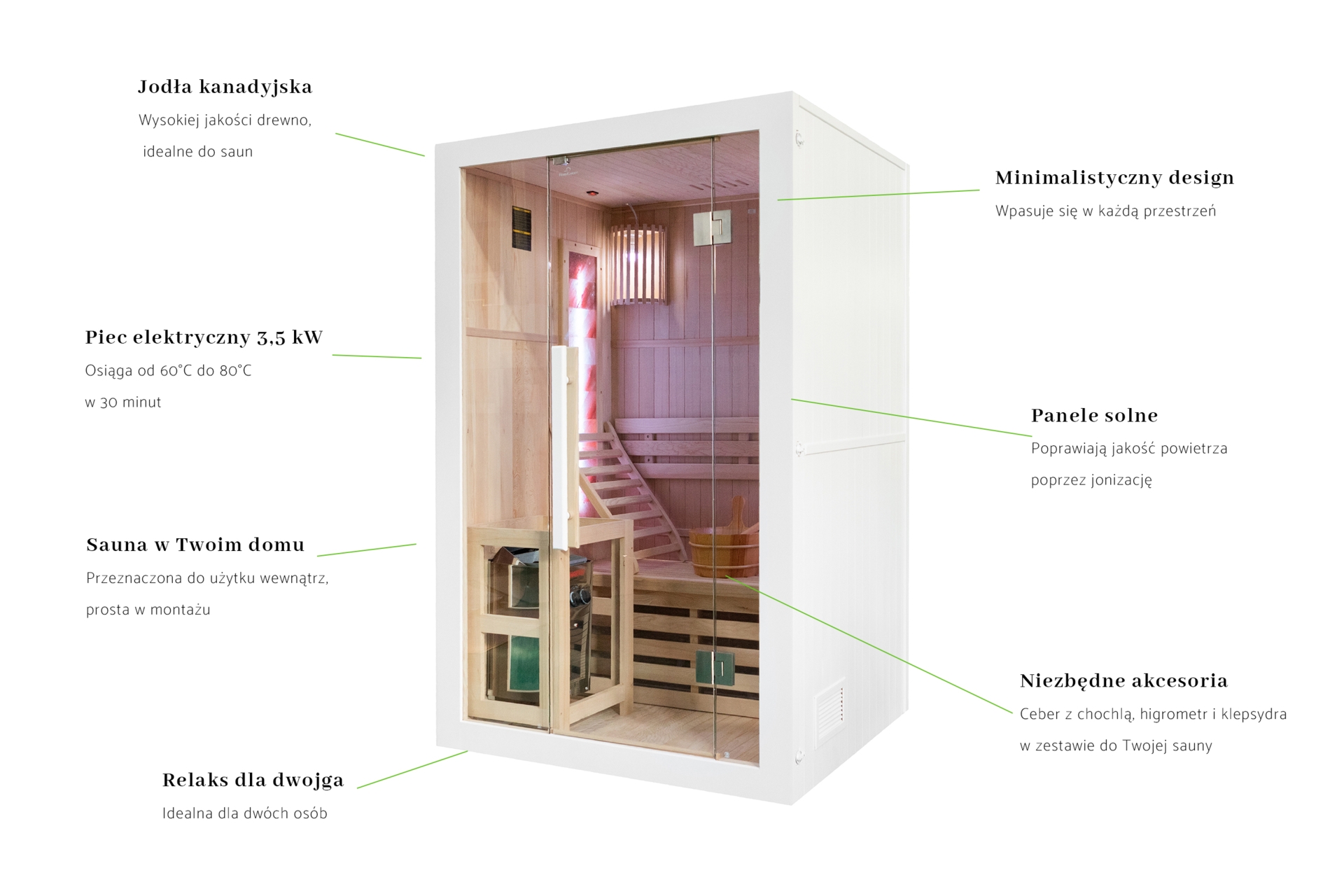 Sauna fińska Nordum Solea 2-osobowa biała - z panelami solnymi - z piecem Sauna fińska Nordum Solea 2-osobowa biała