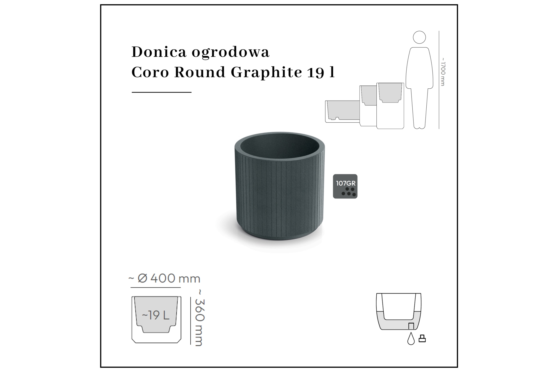 Donica ogrodowa Coro Round Graphite 19 l