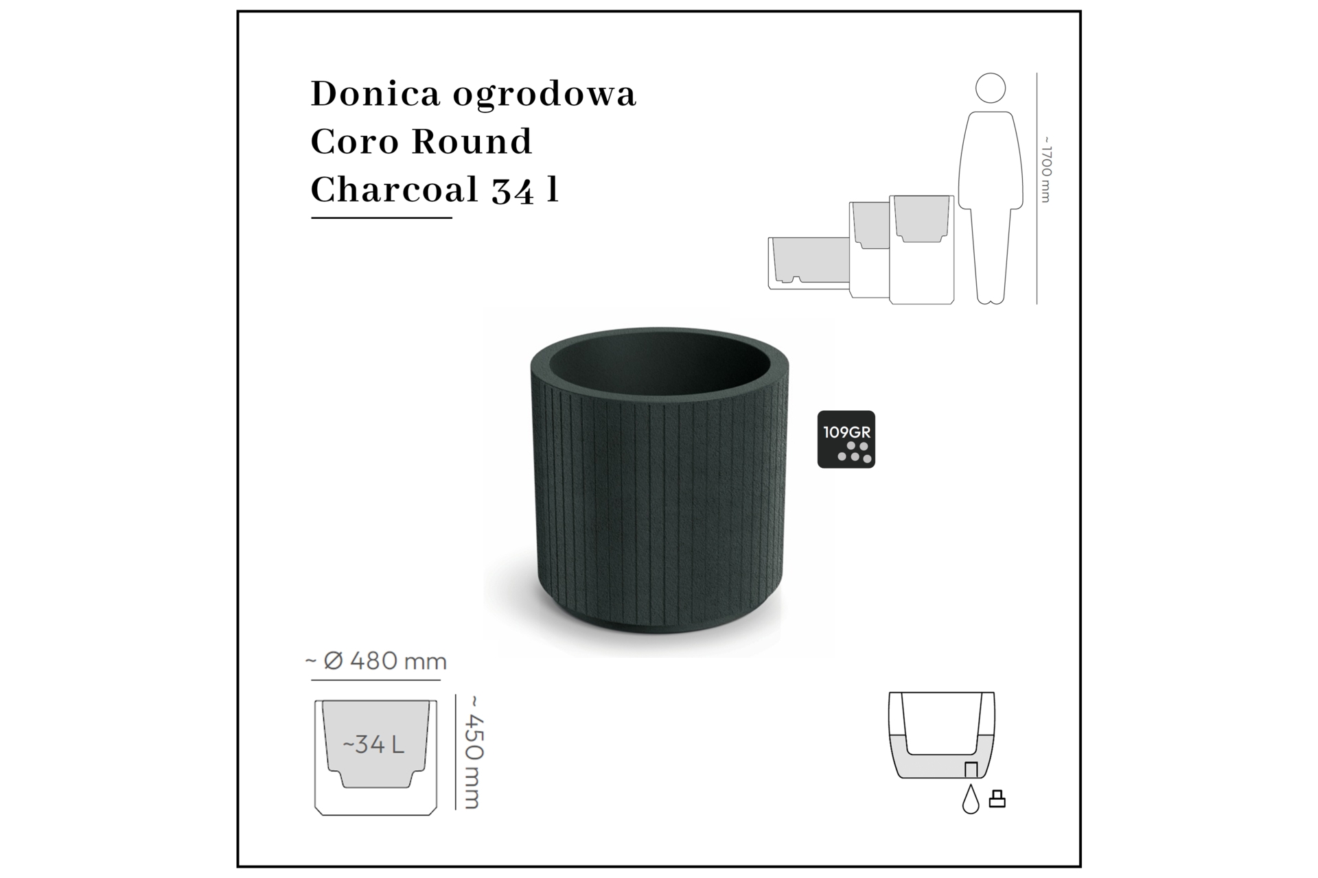 Donica ogrodowa Prosperplast Coro Round Charcoal 34 l