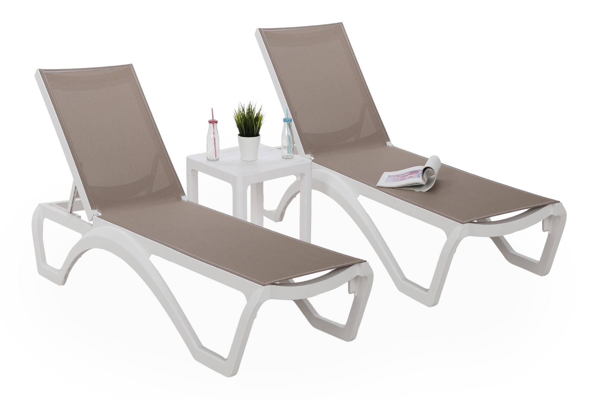 Zestaw leżaków ogrodowych Monako White / Taupe ze stolikiem 