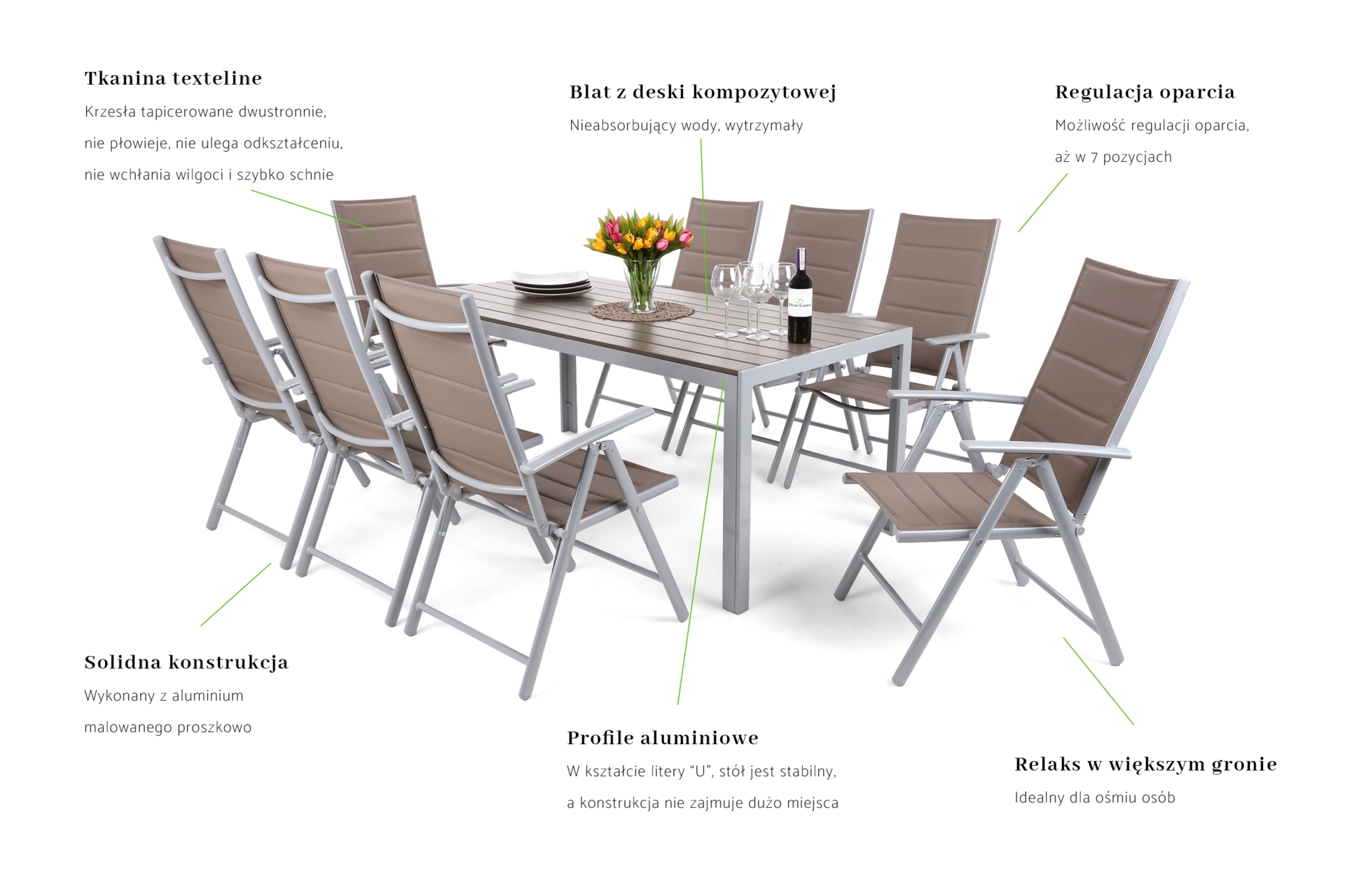 Meble ogrodowe aluminiowe Ibiza 185 cm Silver / Taupe 8+1