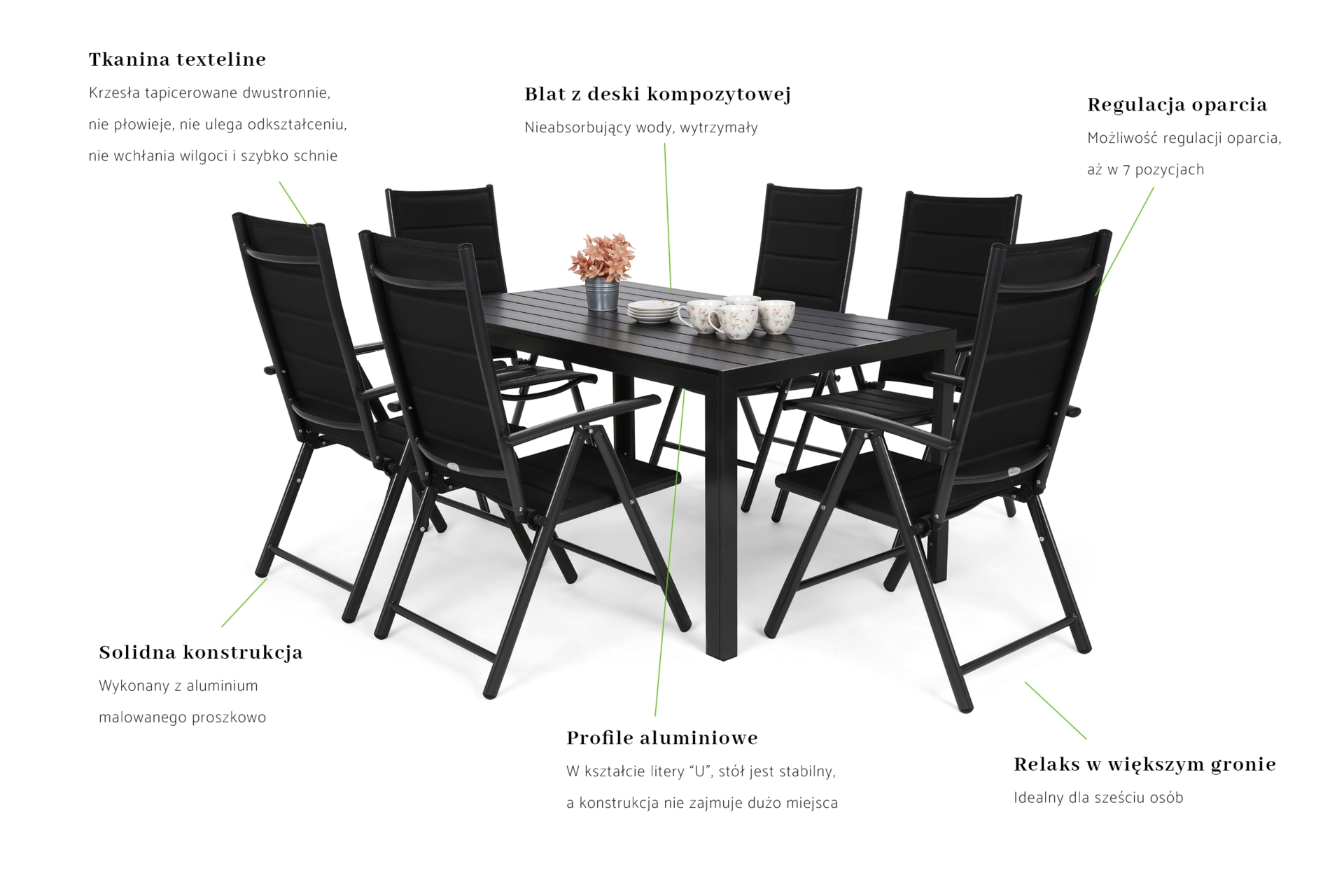 Meble ogrodowe aluminiowe Ibiza 150 cm Black / Black 6+1