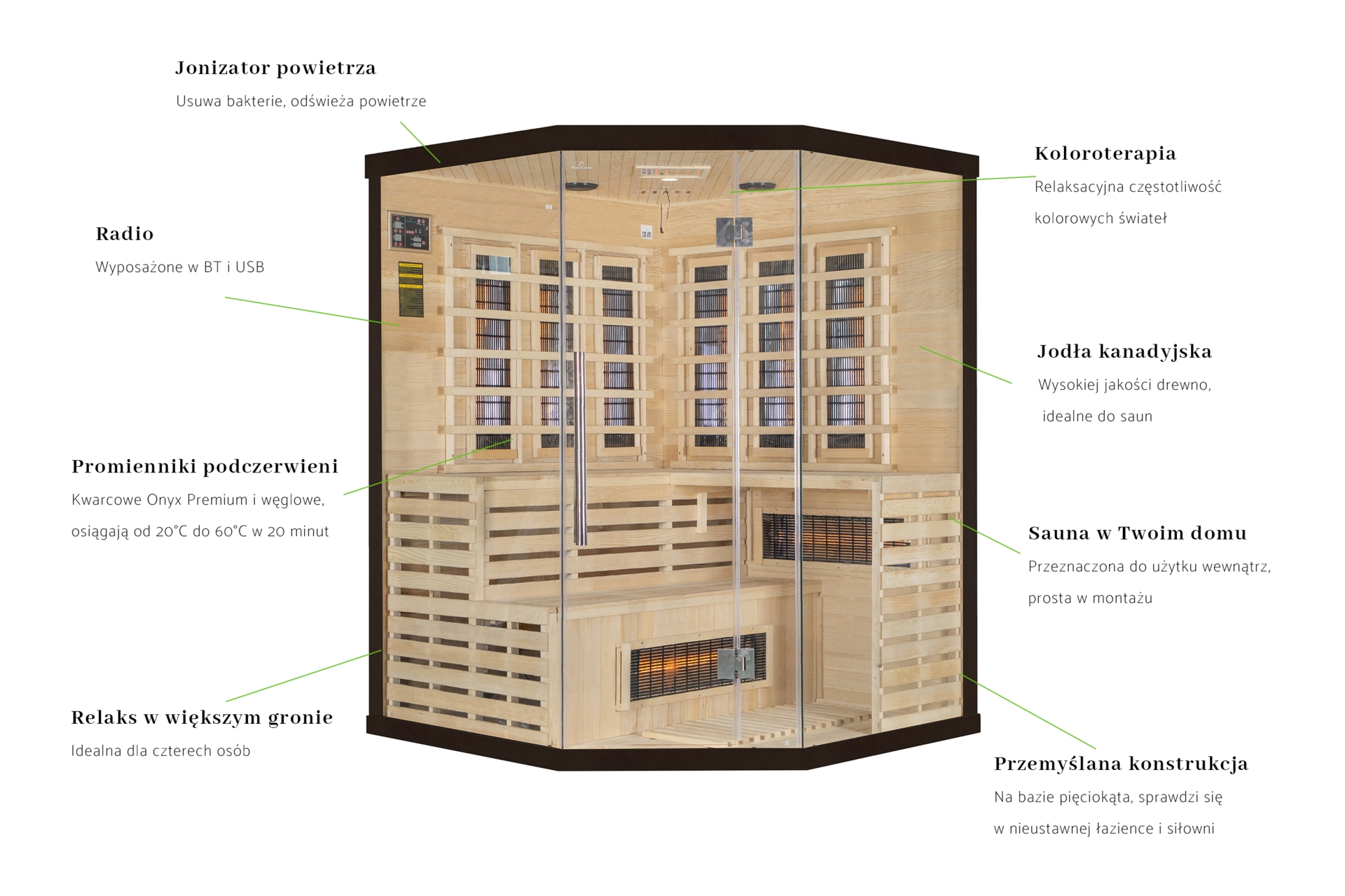 Sauna infrared narożna Nordum Solea 4-osobowa czarna - drewniana Sauna infrared narożna Nordum Solea 4-osobowa czarna