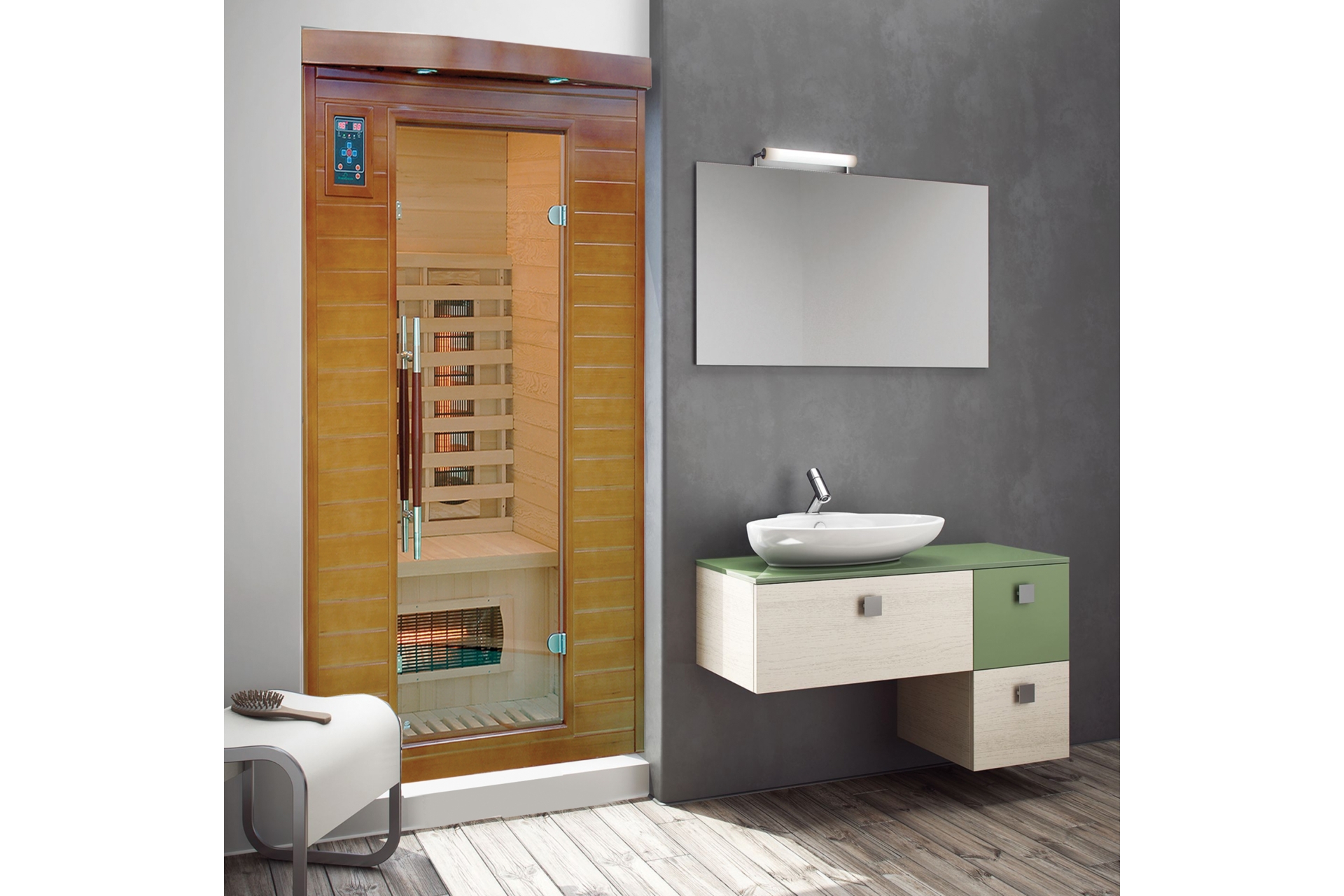 Sauna infrared Nordum Classic 2-osobowa WiFi brązowa - z panelami solnymi - z koloroterapią Sauna infrared Nordum Classic 2-osobowa WiFi brązowa