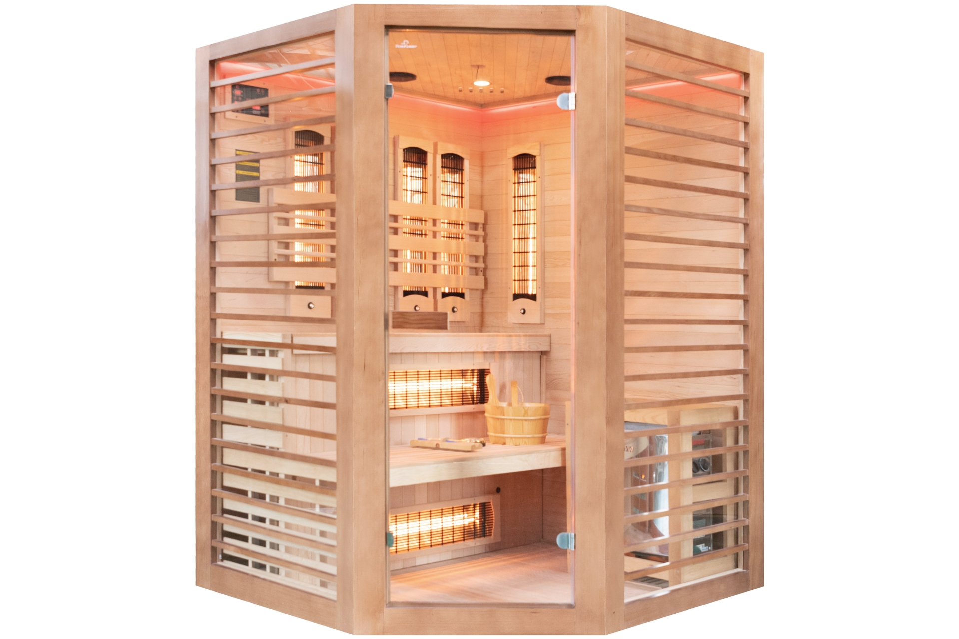 Sauna hybrydowa narożna Nordum Combi 3-osobowa brązowa - drewniana Sauna hybrydowa narożna Nordum Combi 3-osobowa brązowa