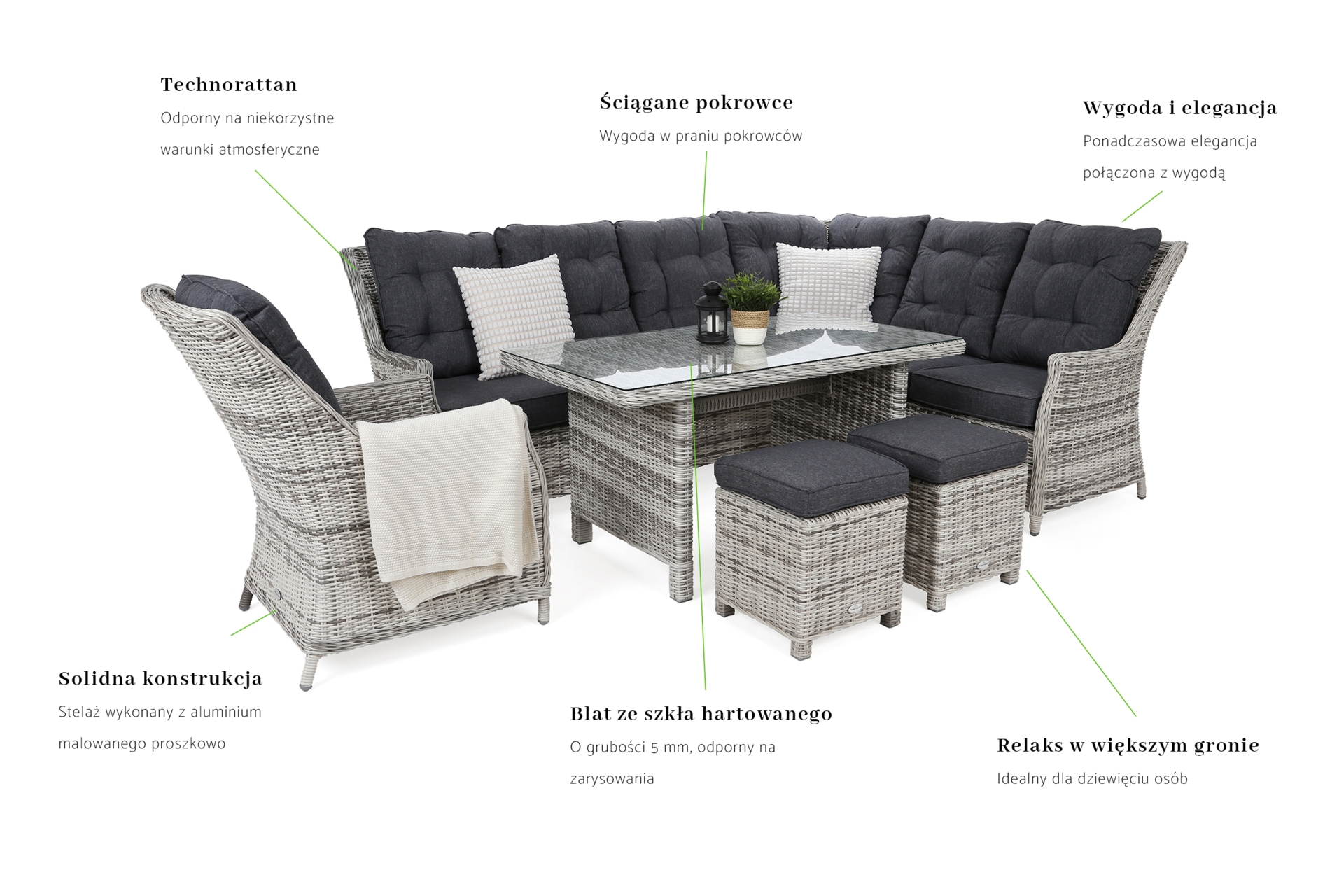 Narożny zestaw mebli ogrodowych prawy Alicante Light Grey / Grey Melange z pufami