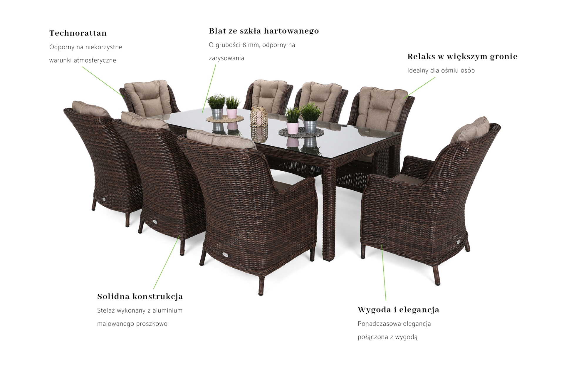 Meble ogrodowe technorattanowe Bristol 230 cm Brown Mat / Brown Melange 8+1