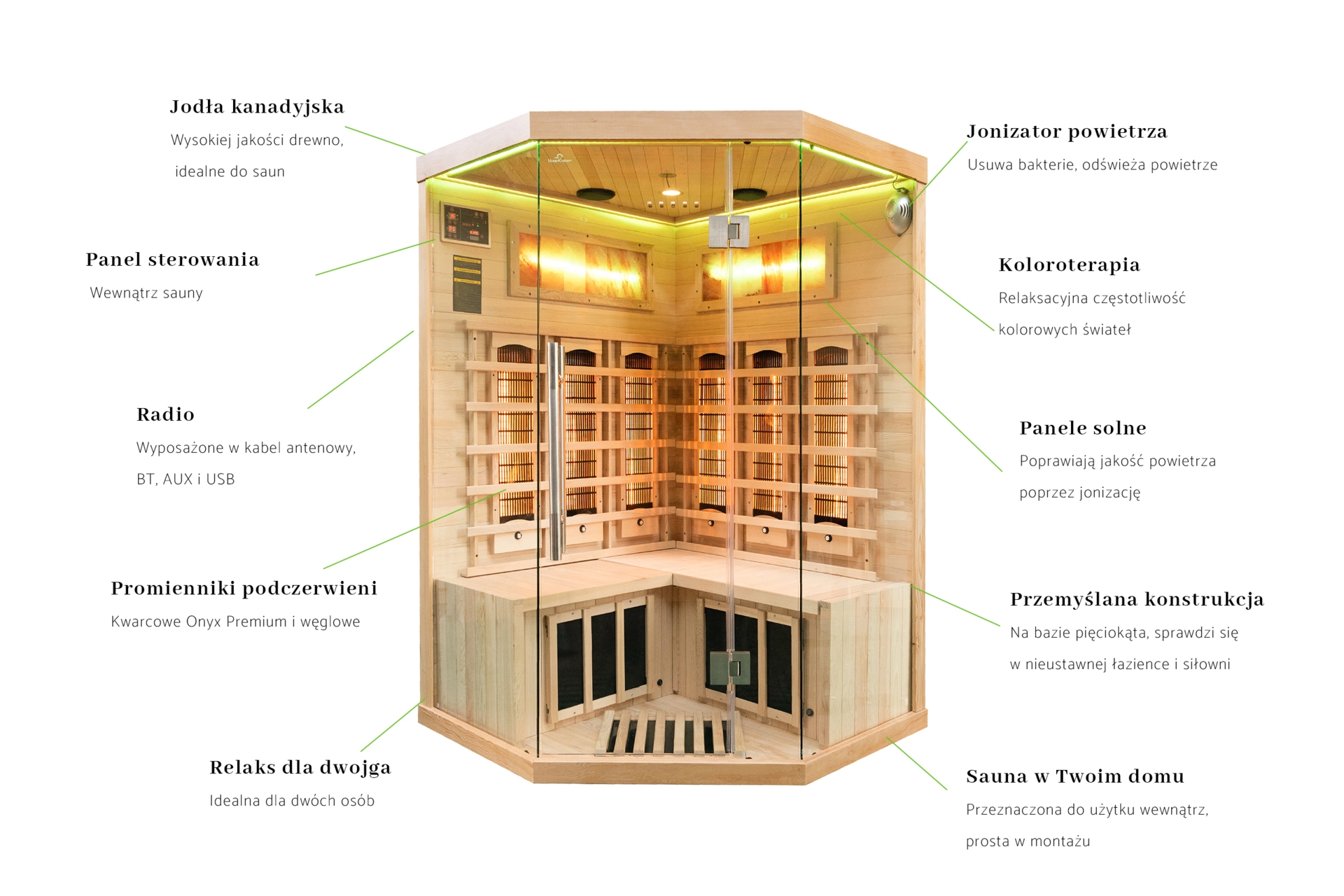Sauna infrared narożna Nordum Solea 2-osobowa naturalna