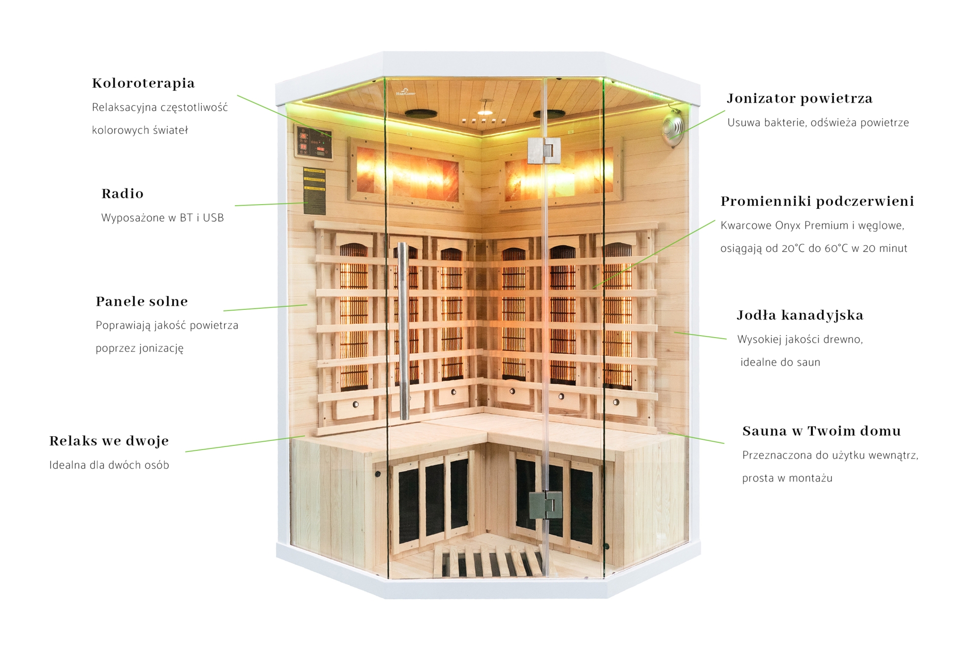 Sauna infrared narożna Nordum Solea 2-osobowa biała